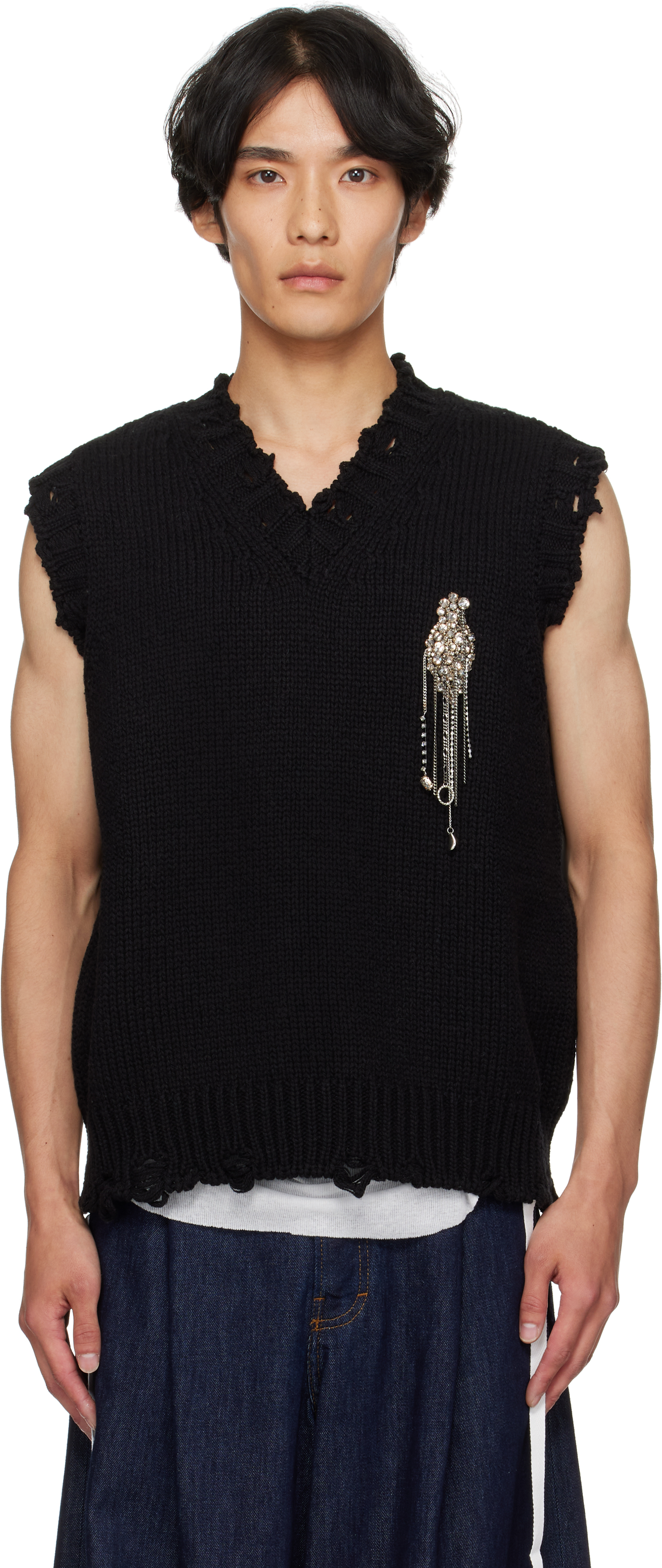 Black Patch Embroidery Distressed Vest by McQueen on Sale Black Patch Embroidery Distressed Vest by McQueen on Sale