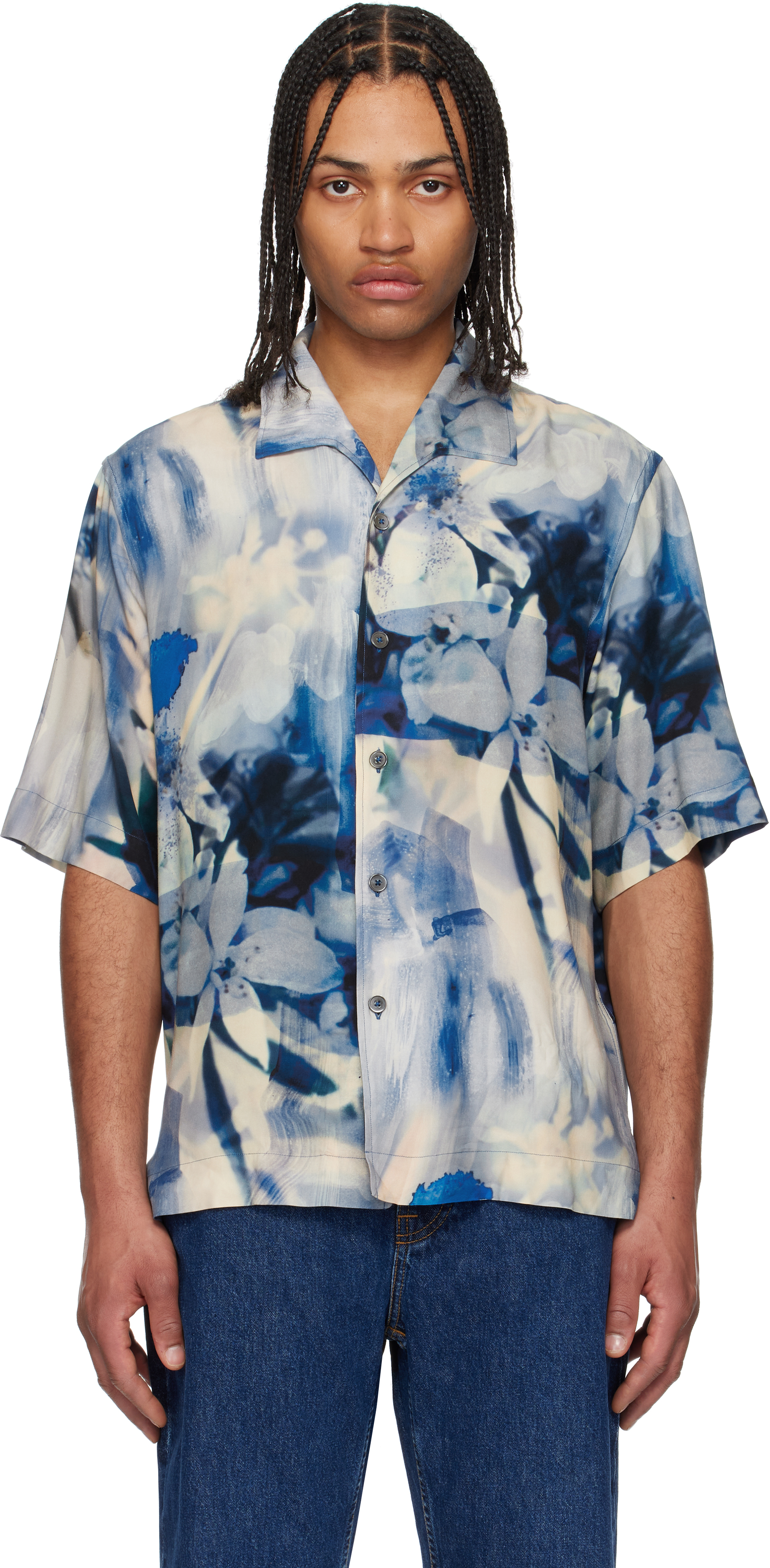 Blue Oversized Painted Photograph Viscose Shirt by Paul