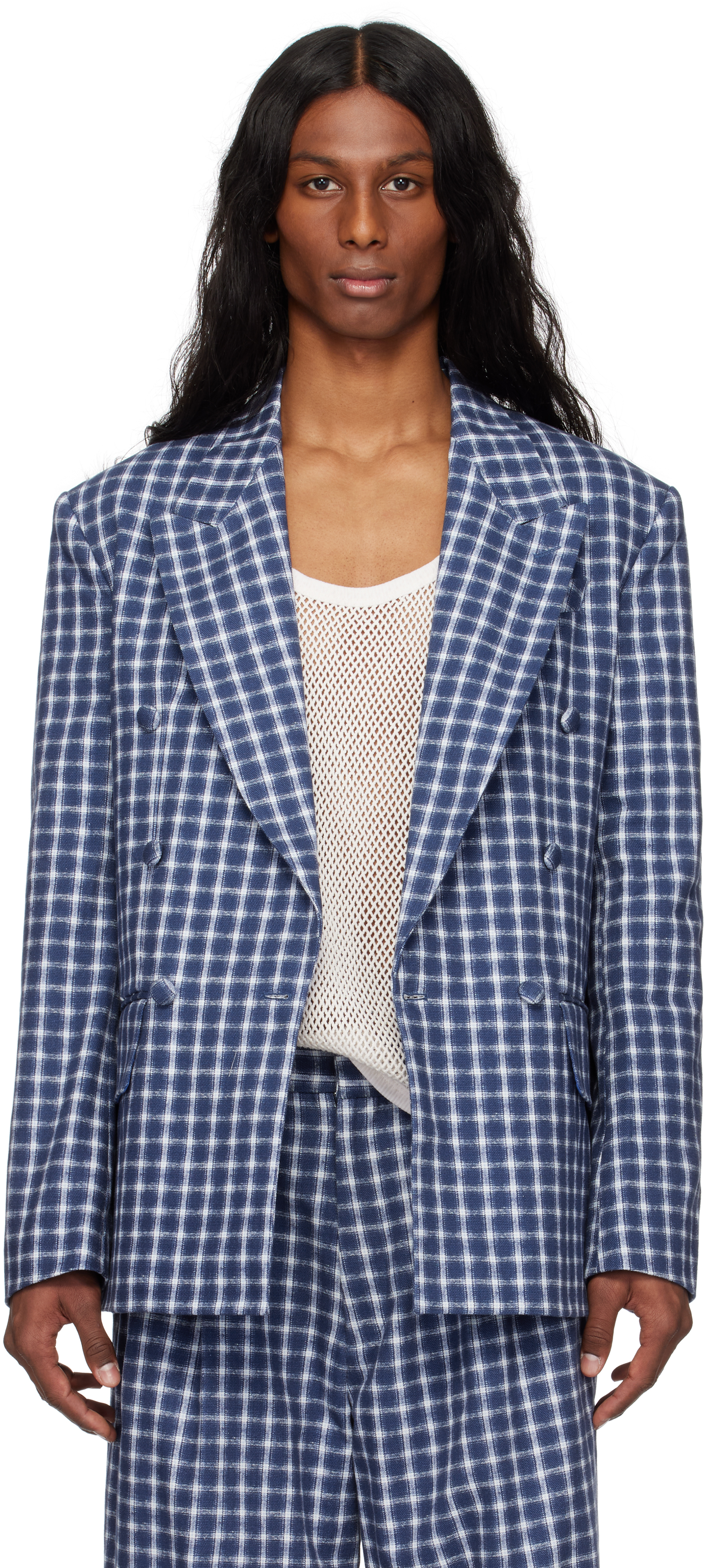Shop Erl Navy & White Check Double-breasted Blazer