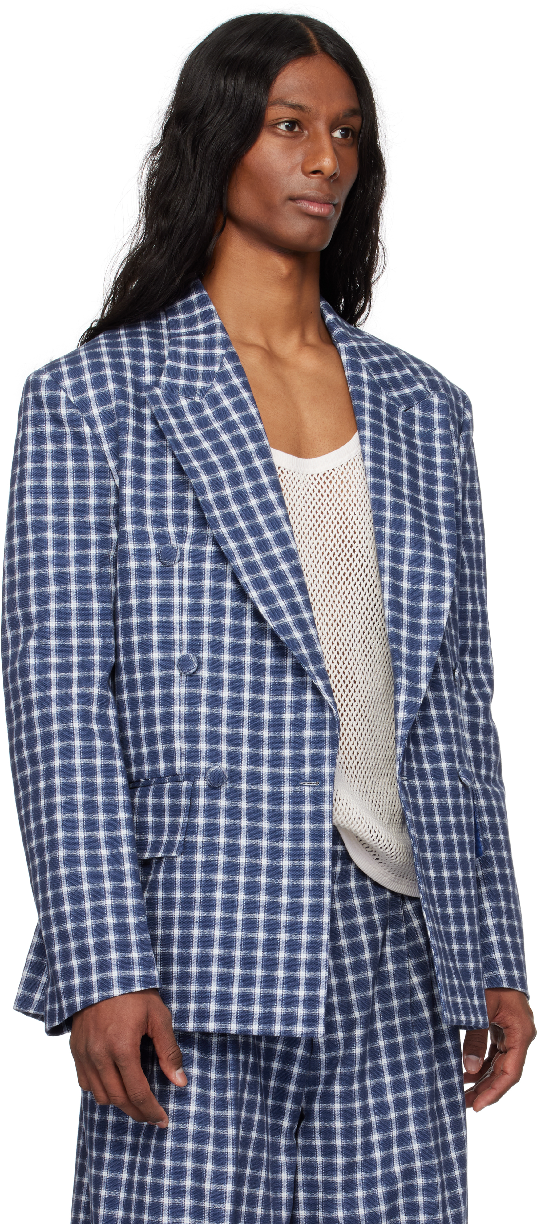 Shop Erl Navy & White Check Double-breasted Blazer