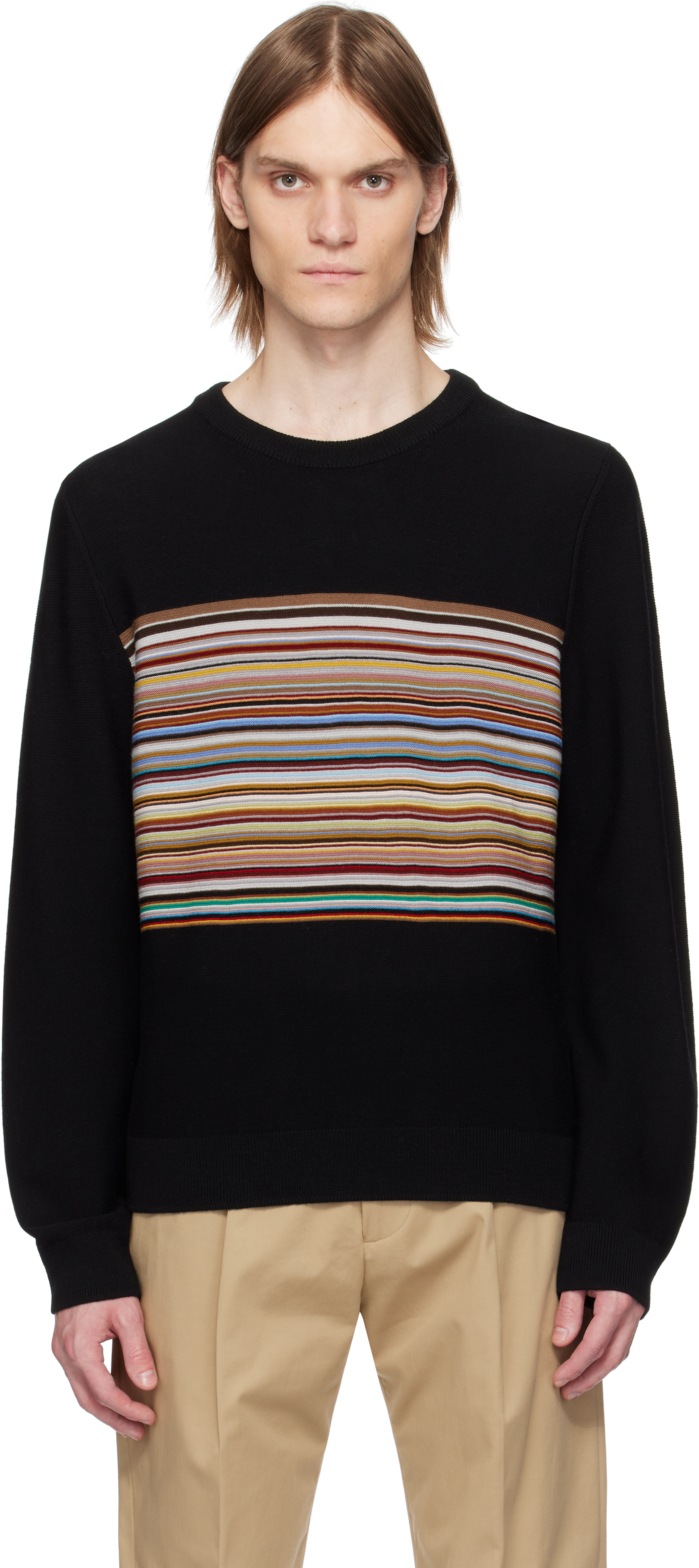 Black Signature Stripe Block Wool Sweater