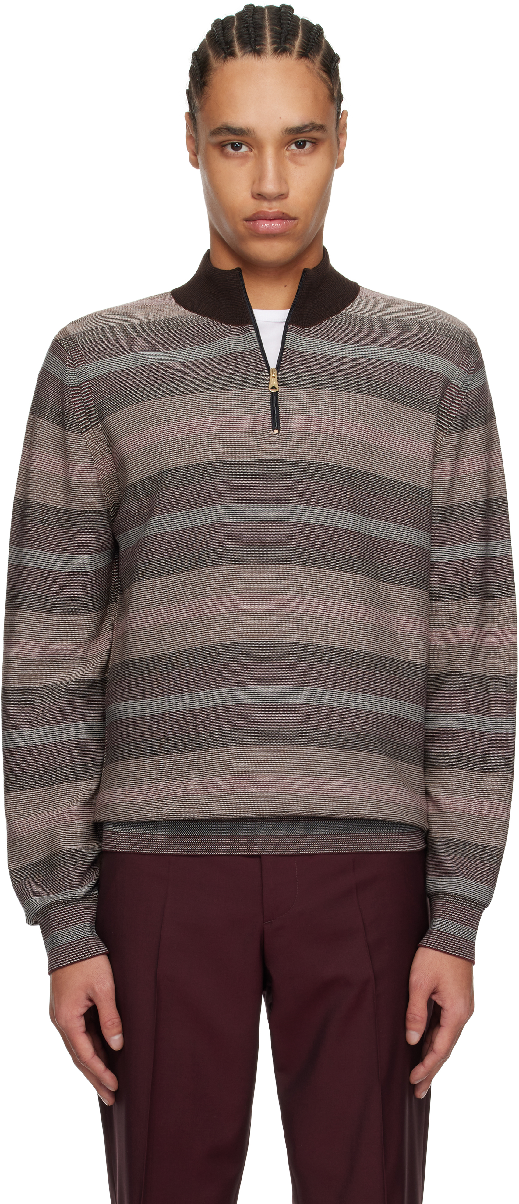 Brown Hazy Stripe Zip Sweater