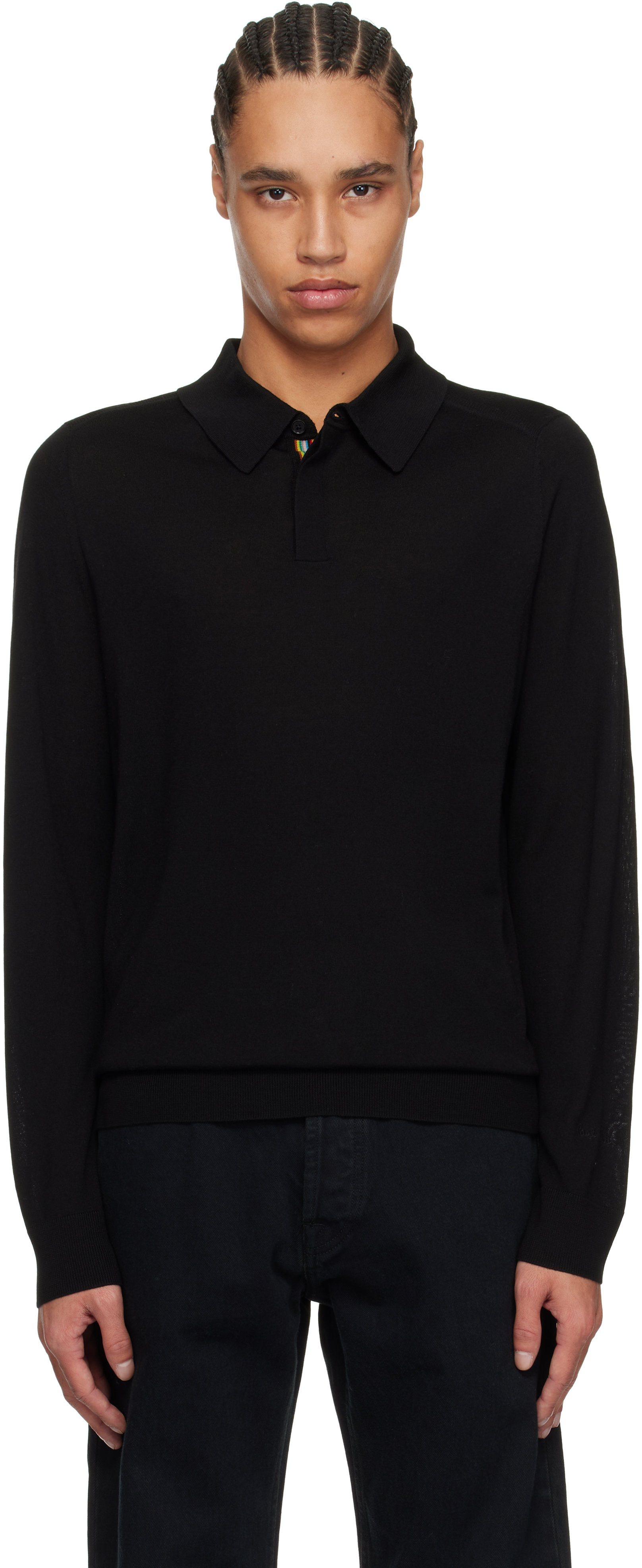 Black Merino Wool Knitted Long Sleeve Polo