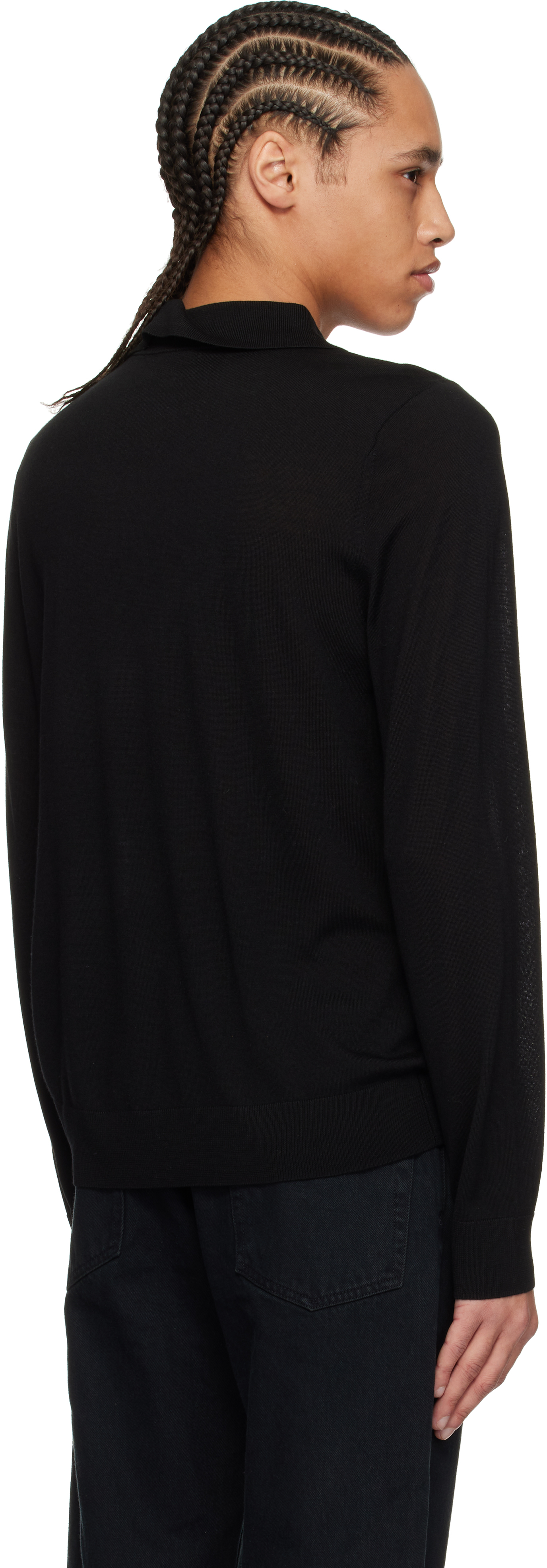 Paul Smith Black Merino Wool Knitted Long Sleeve Polo In 79 Black
