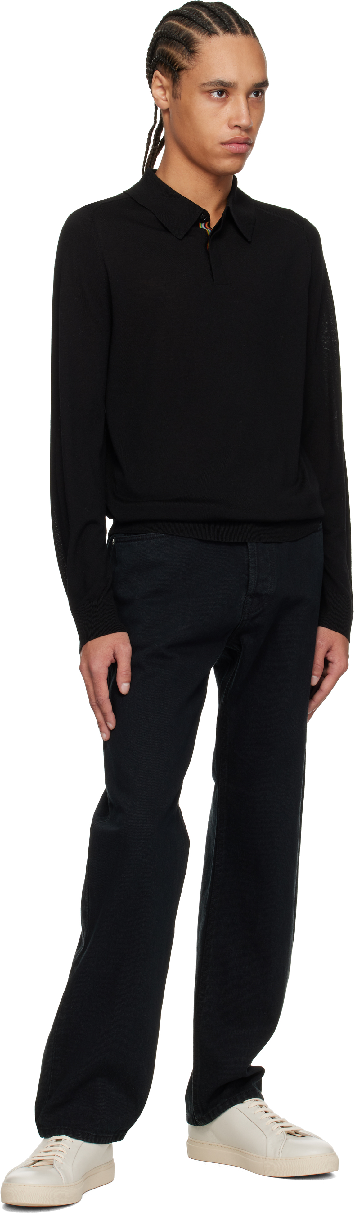 Paul Smith Black Merino Wool Knitted Long Sleeve Polo In 79 Black