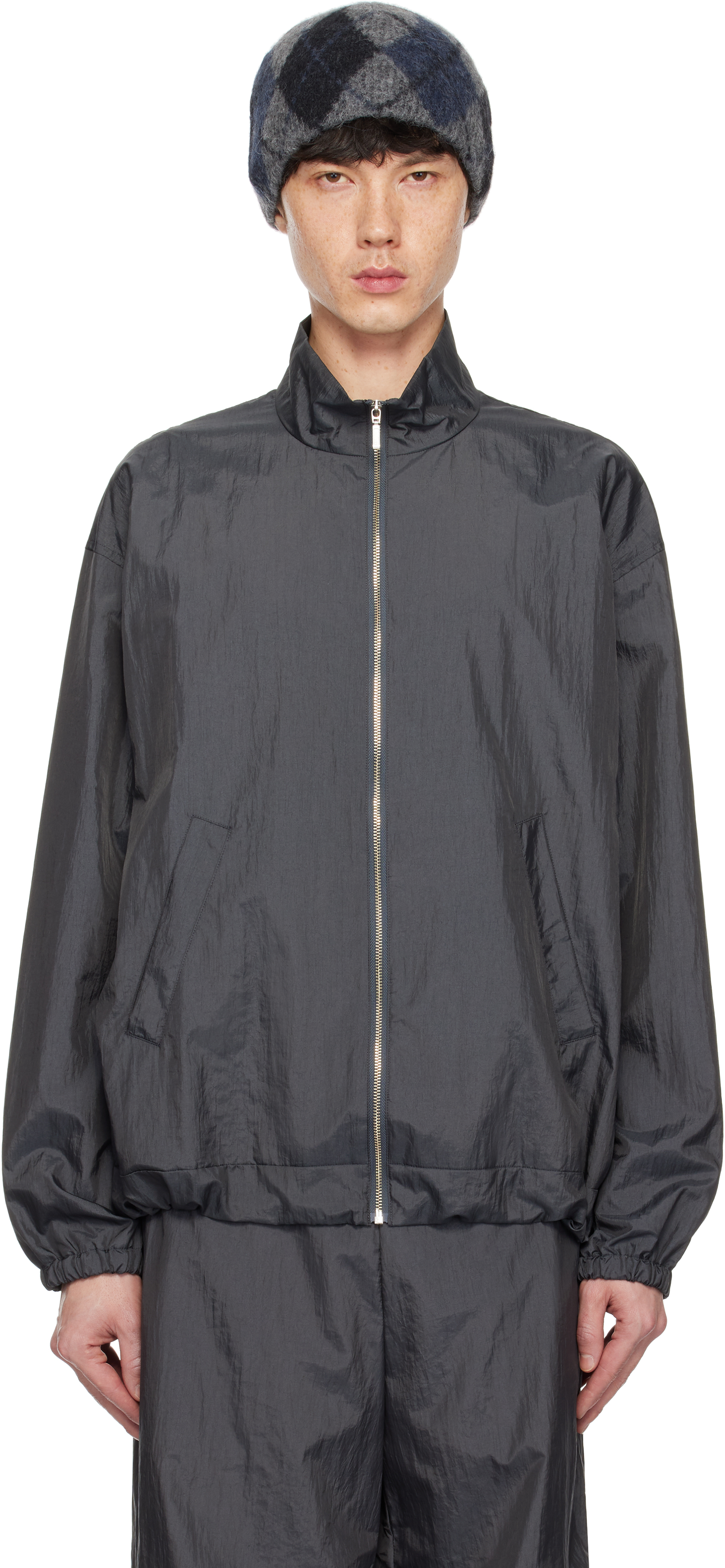 Gray Washed Nylon Zip-Up Jacket