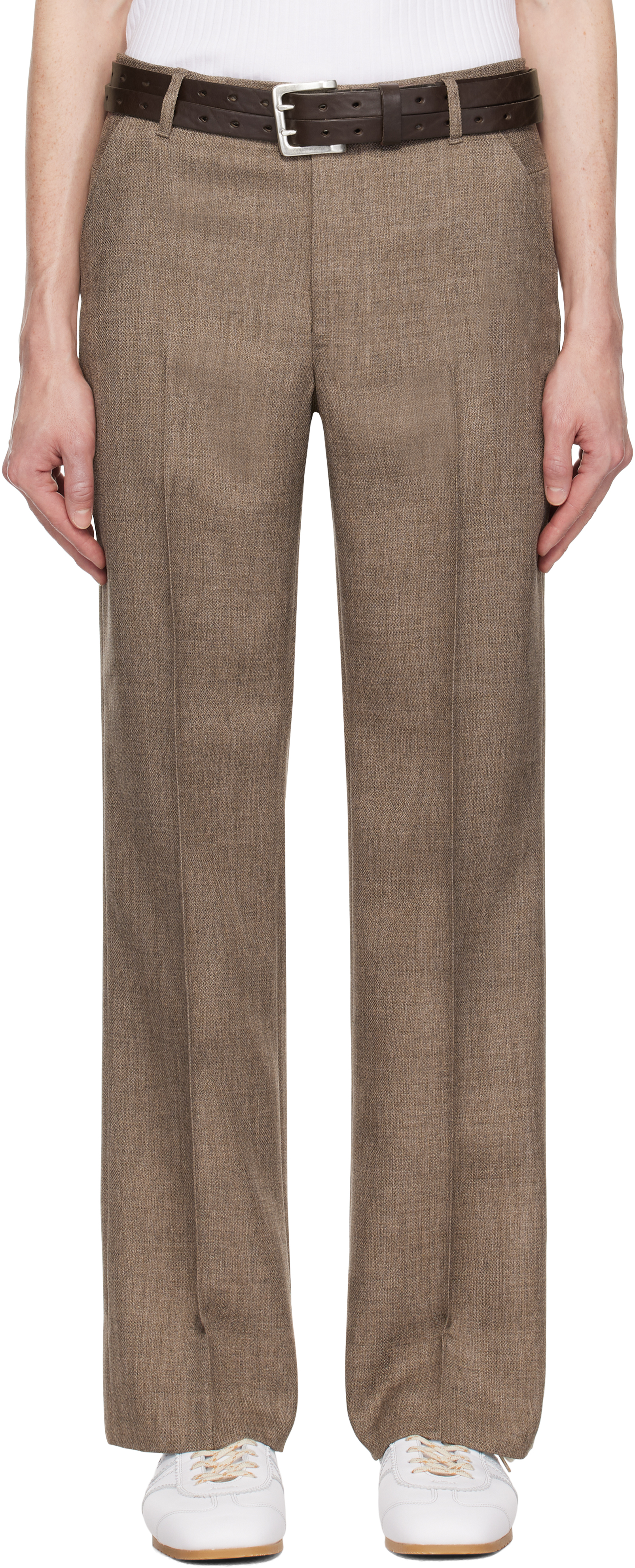 Brown Polyester Tweed Semi-Wide Trousers