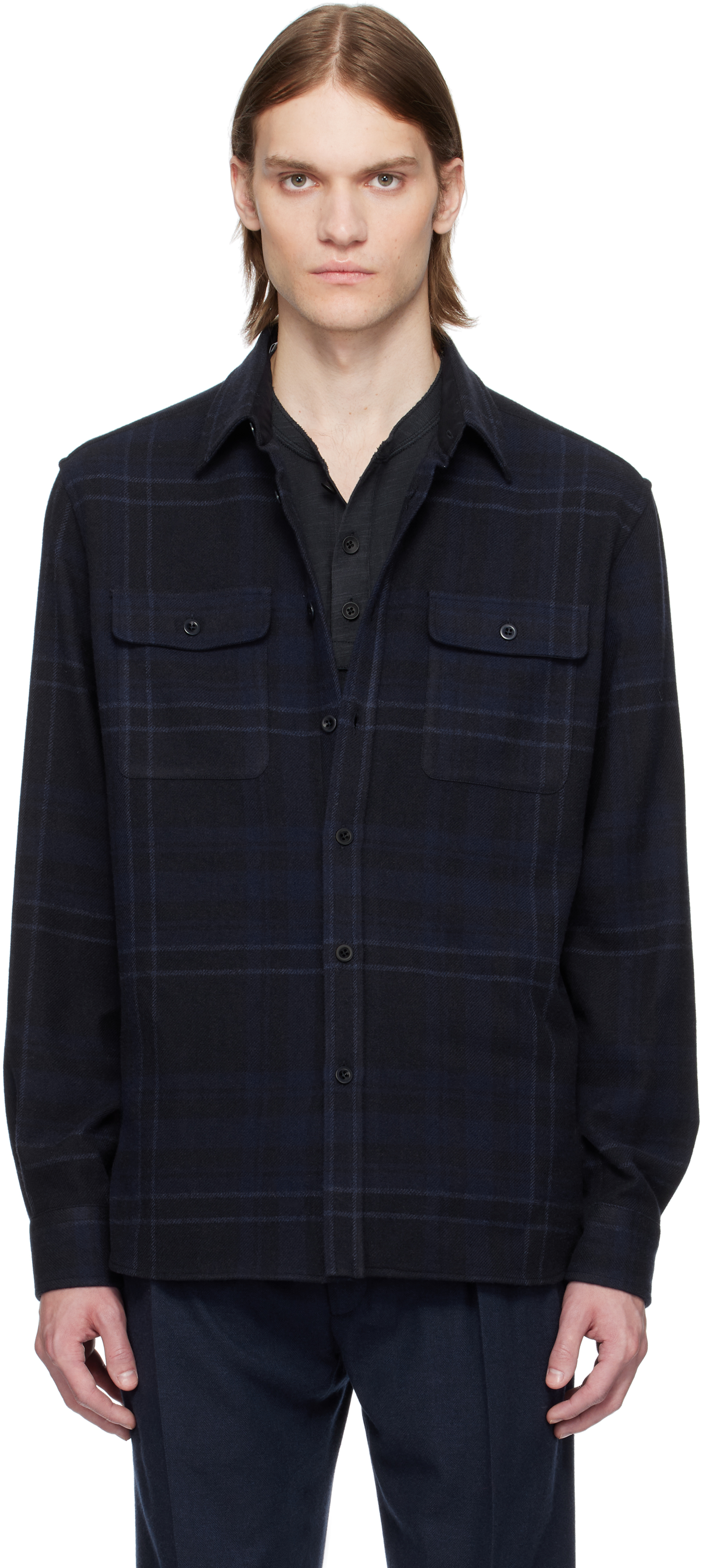 Navy Plaid Wool-Blend Shirt