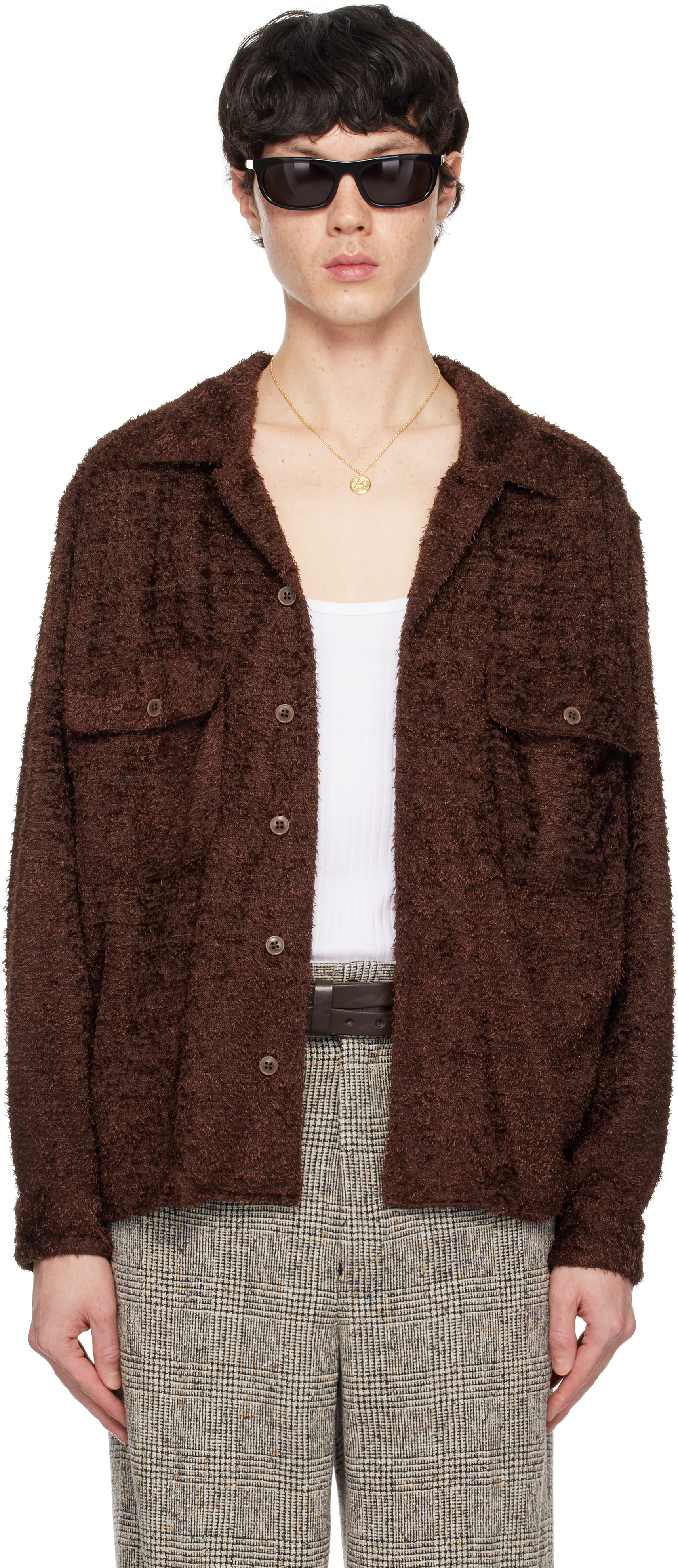 Brown Loop Yarn Open Collar Shirt