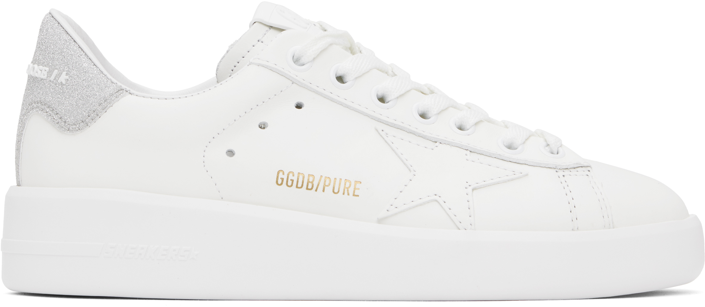 Golden Goose Purestar Sneakers In White Leather With Tone-on-tone Star And Silver Micro-glitter Heel Tab In 80185 White/silver