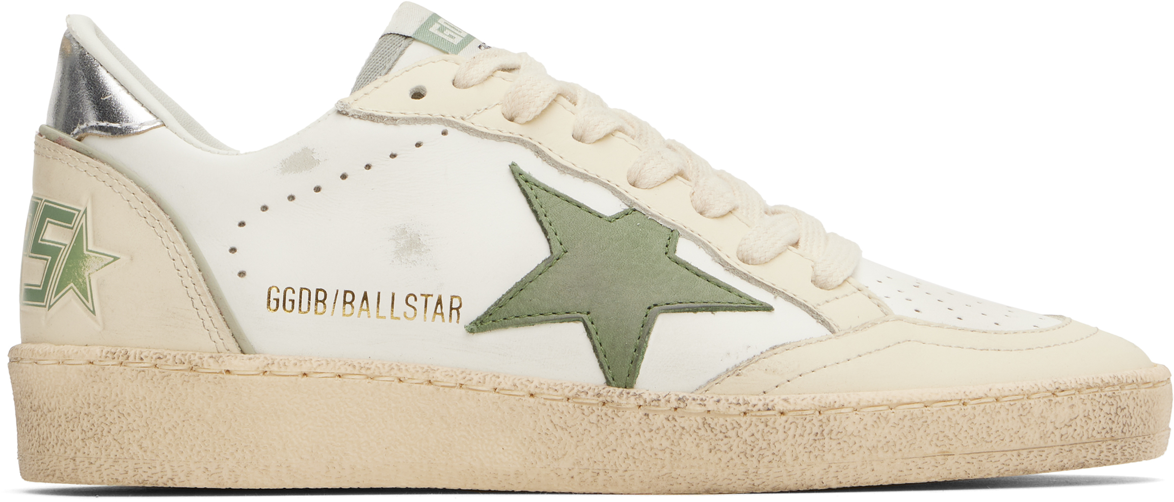 Golden Goose Deluxe Brand Distressed Nubuck Leather Sneakers With Metallic Accents In 10630 White/green/si