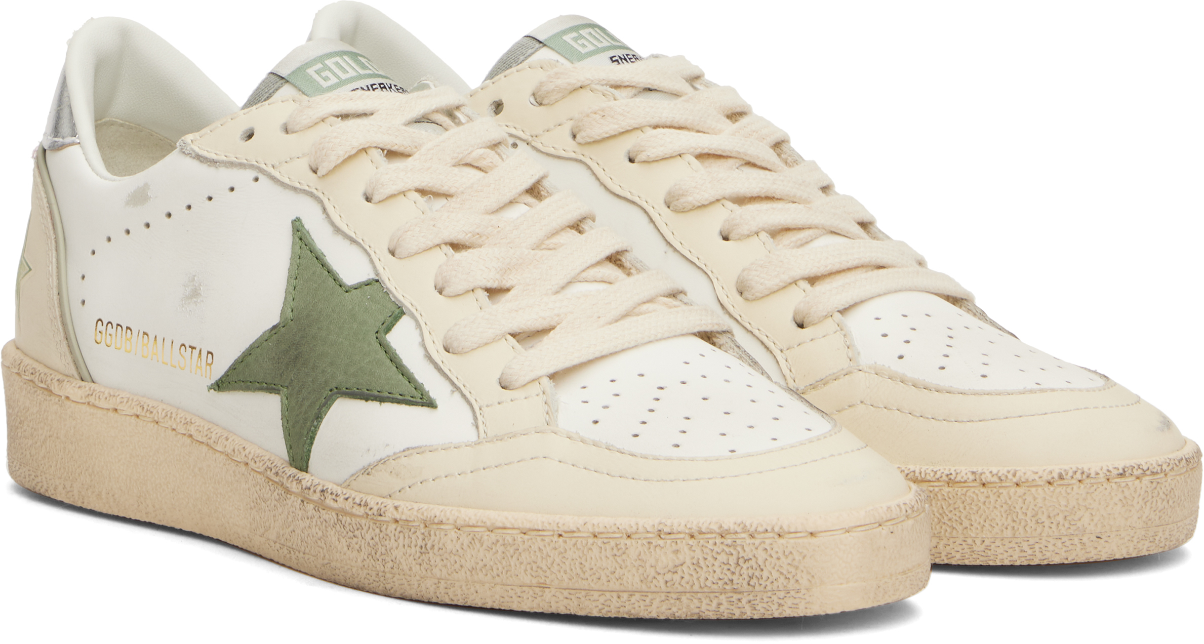 Golden Goose Deluxe Brand Distressed Nubuck Leather Sneakers With Metallic Accents In 10630 White/green/si