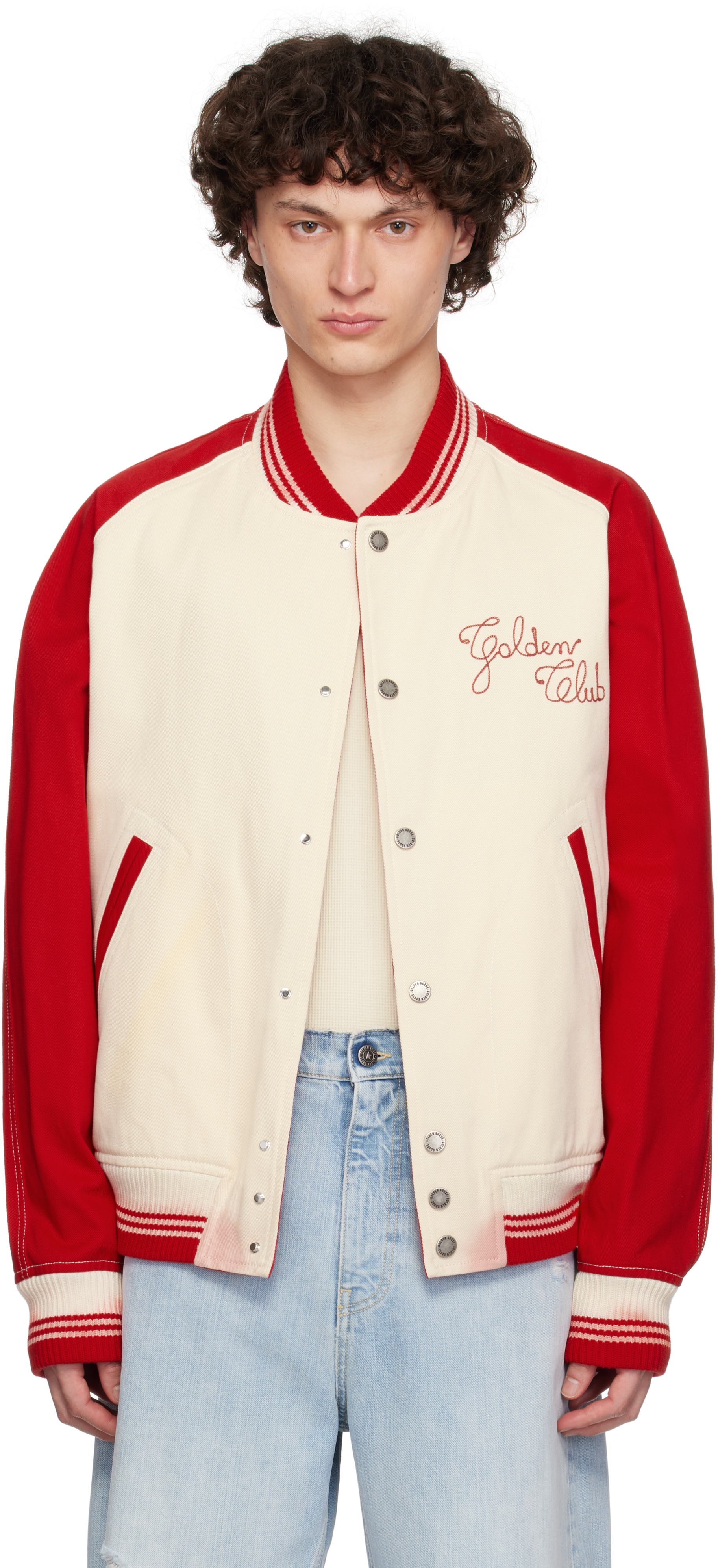 Off-White & Red Embroidery Bomber Jacket
