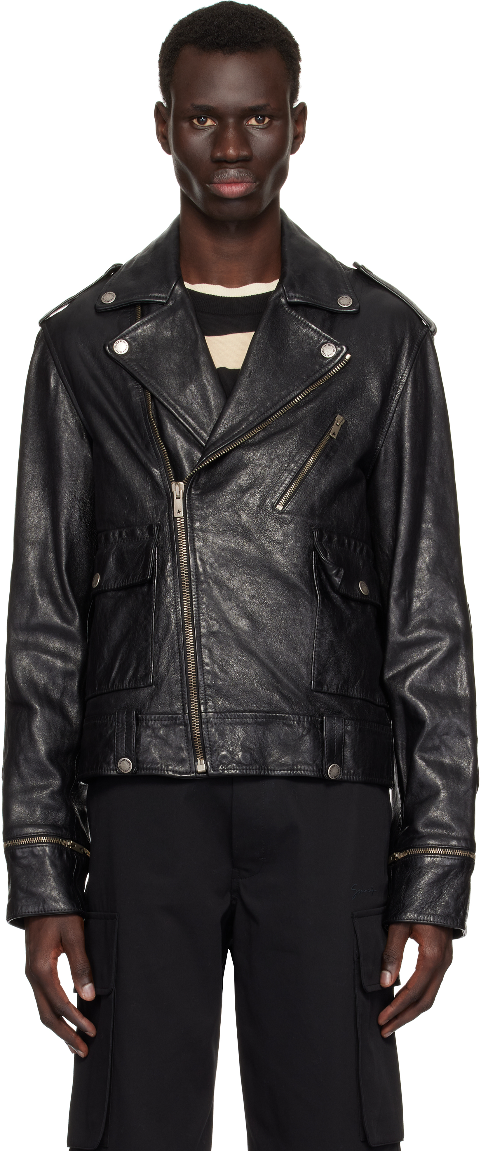 Black Glossy Effect Biker LeatherJacket