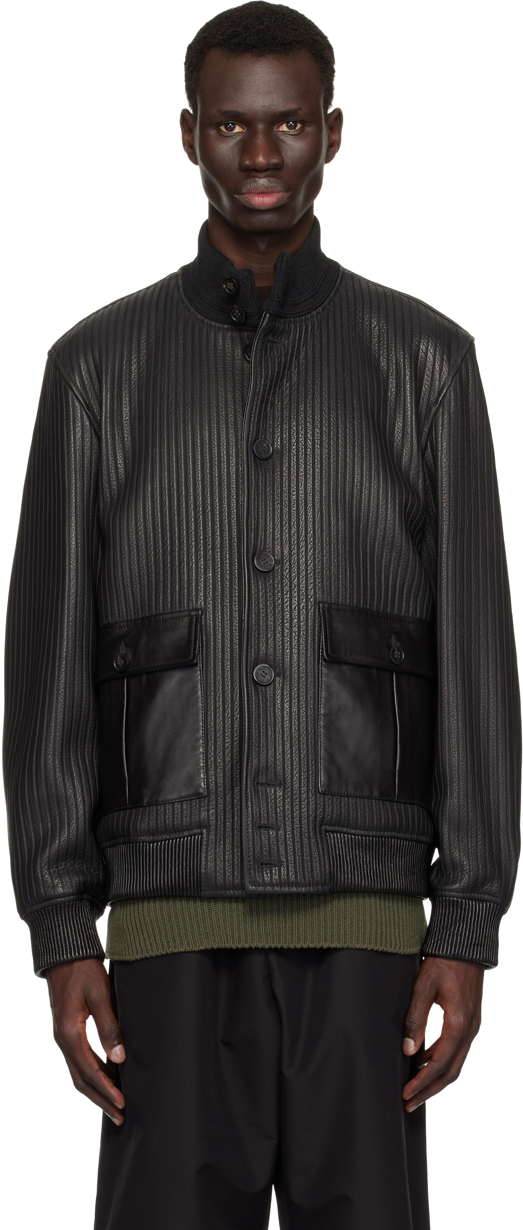 Black Embossed Stripes Leather Bomber Jacket