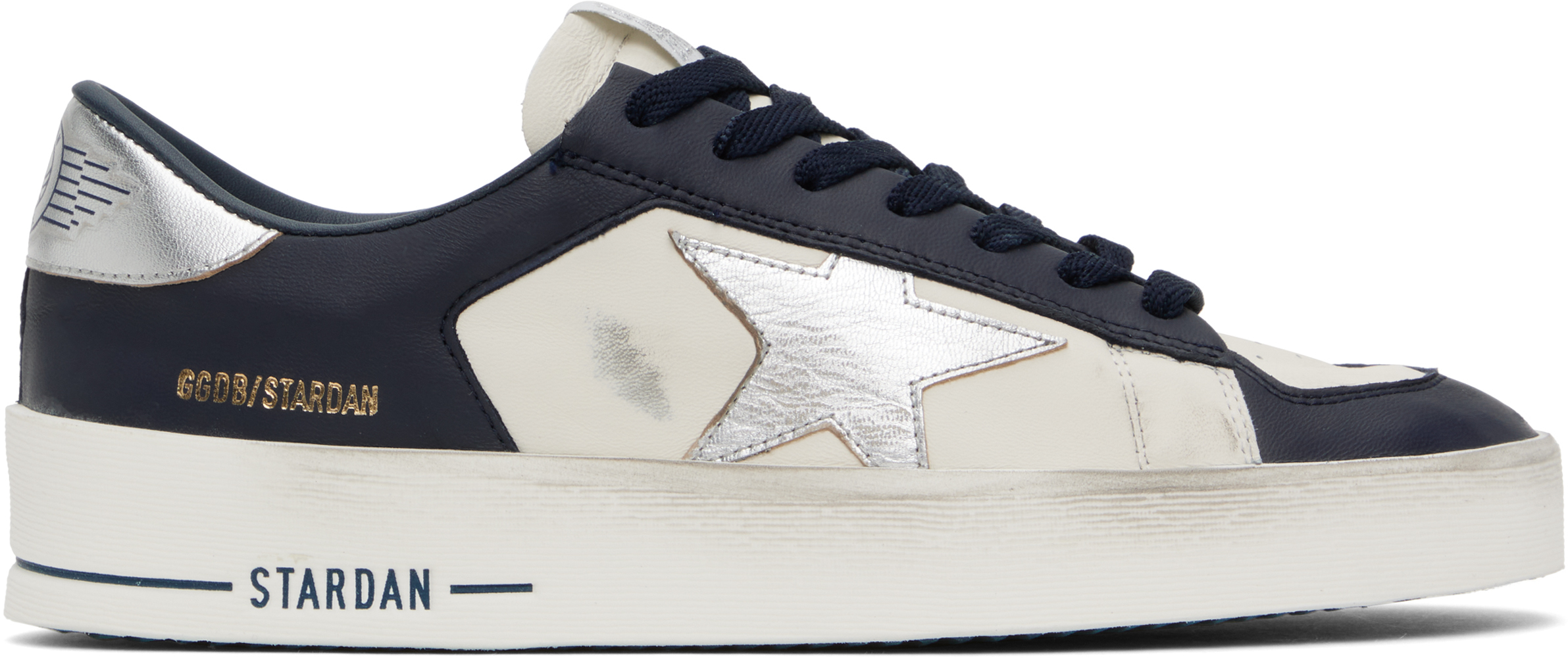 ★Golden ★ Stardan Silvertab Sneakers Optic White Navy Golden Goose: Navy & White Stardan Sneakers | SSENSE