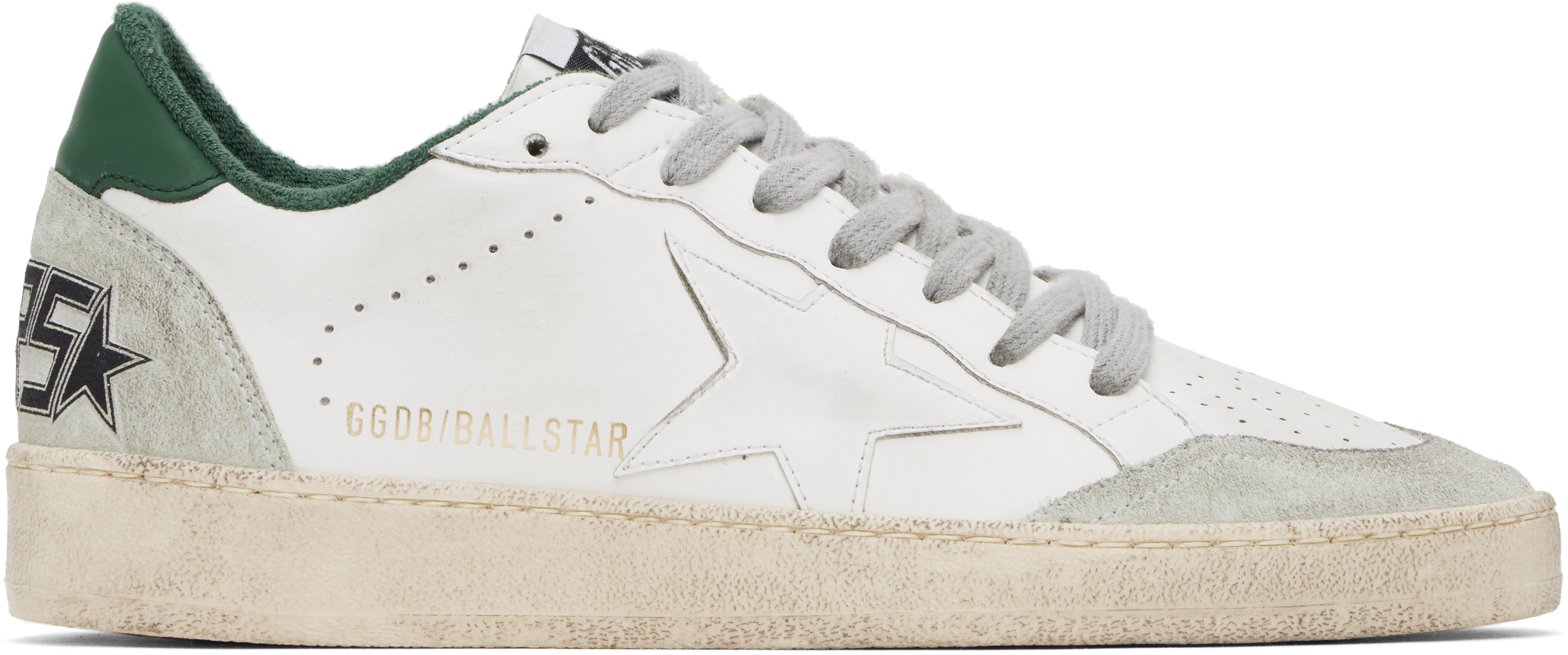 Golden Goose White Cow Leather Vamp Sneakers With Unique Used And Dirty Effect In White/ice/green