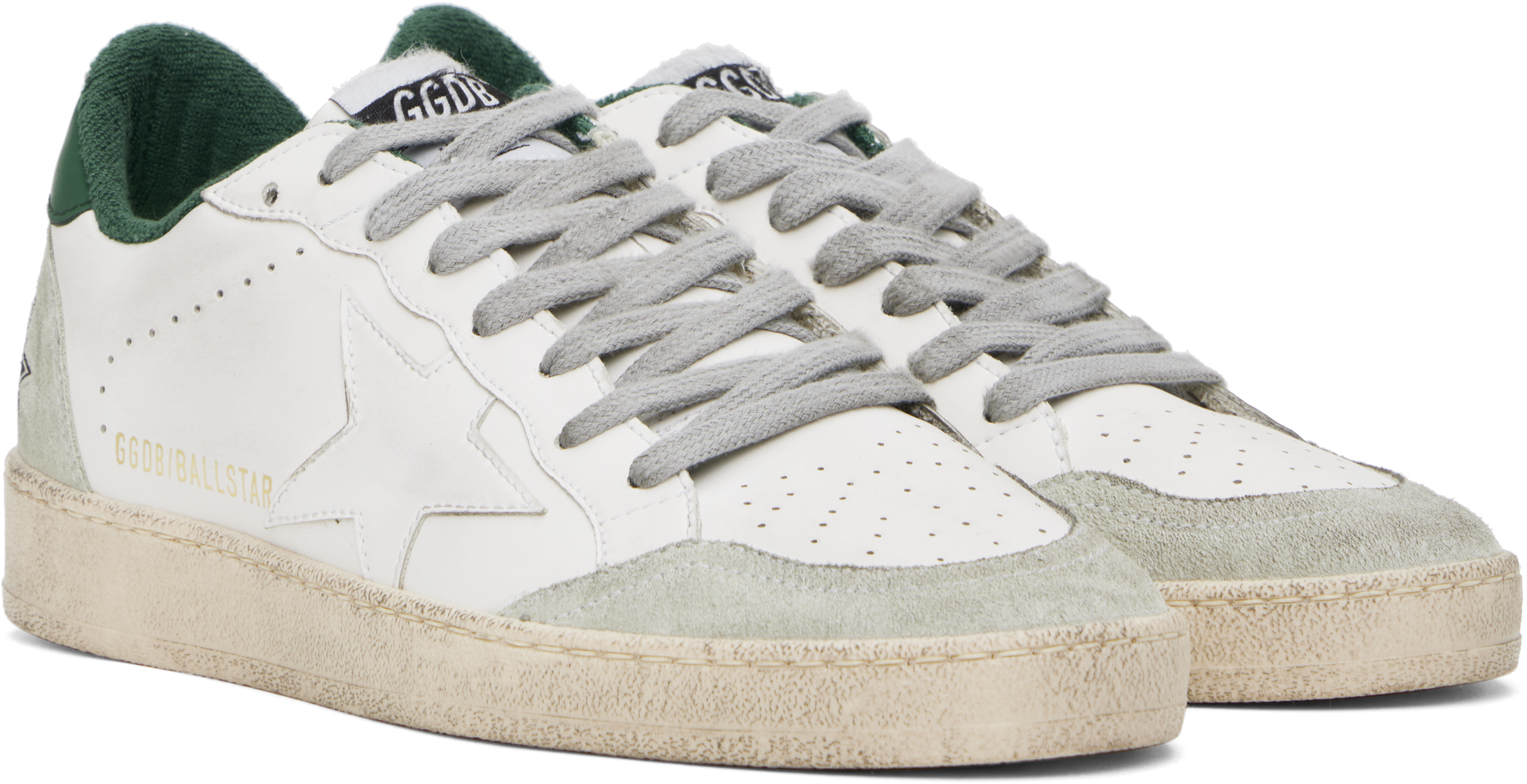 Golden Goose White Cow Leather Vamp Sneakers With Unique Used And Dirty Effect In White/ice/green