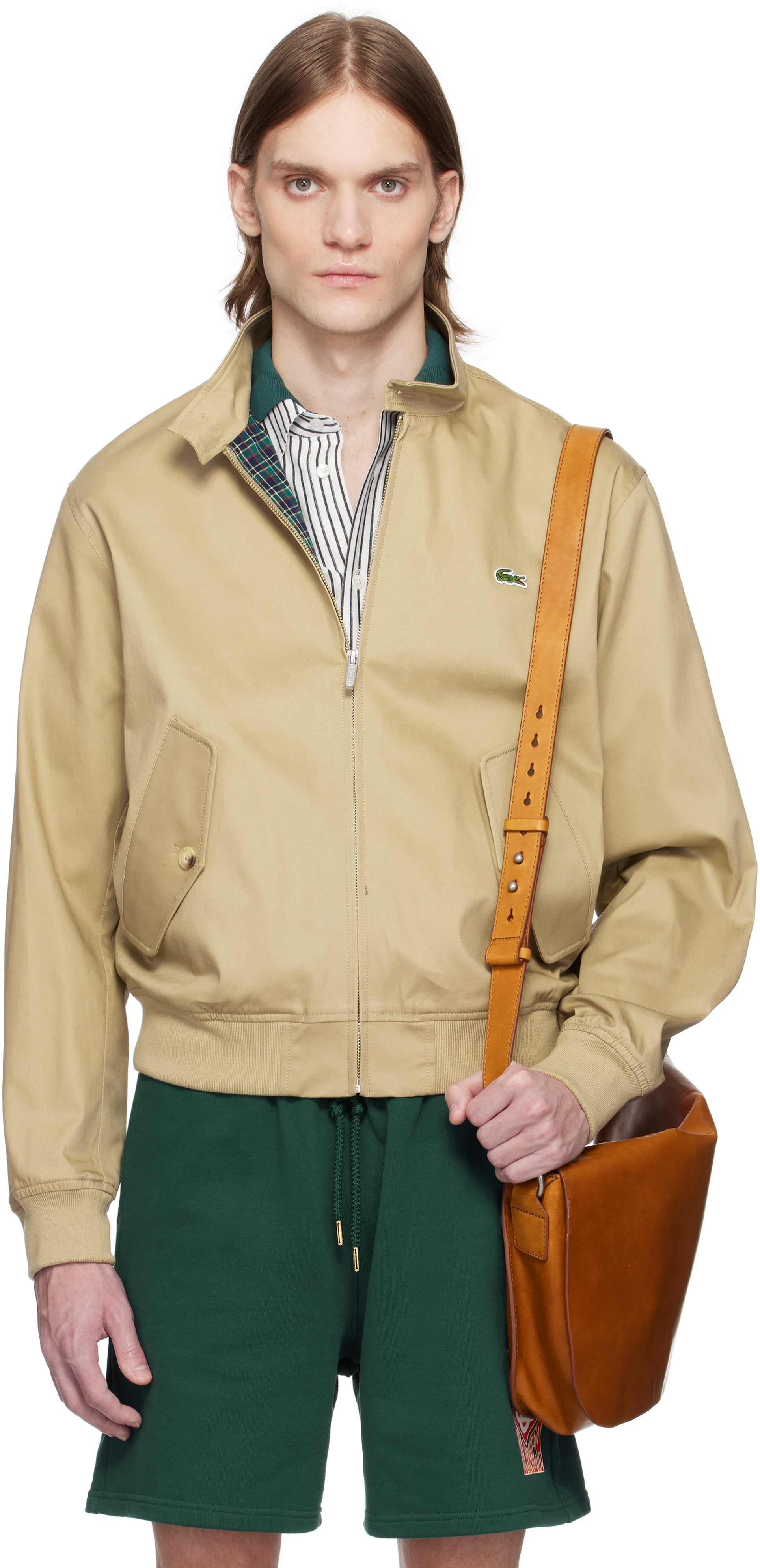 Lacosteのベージュ シャワープルーフ コットンツイル ハリントン