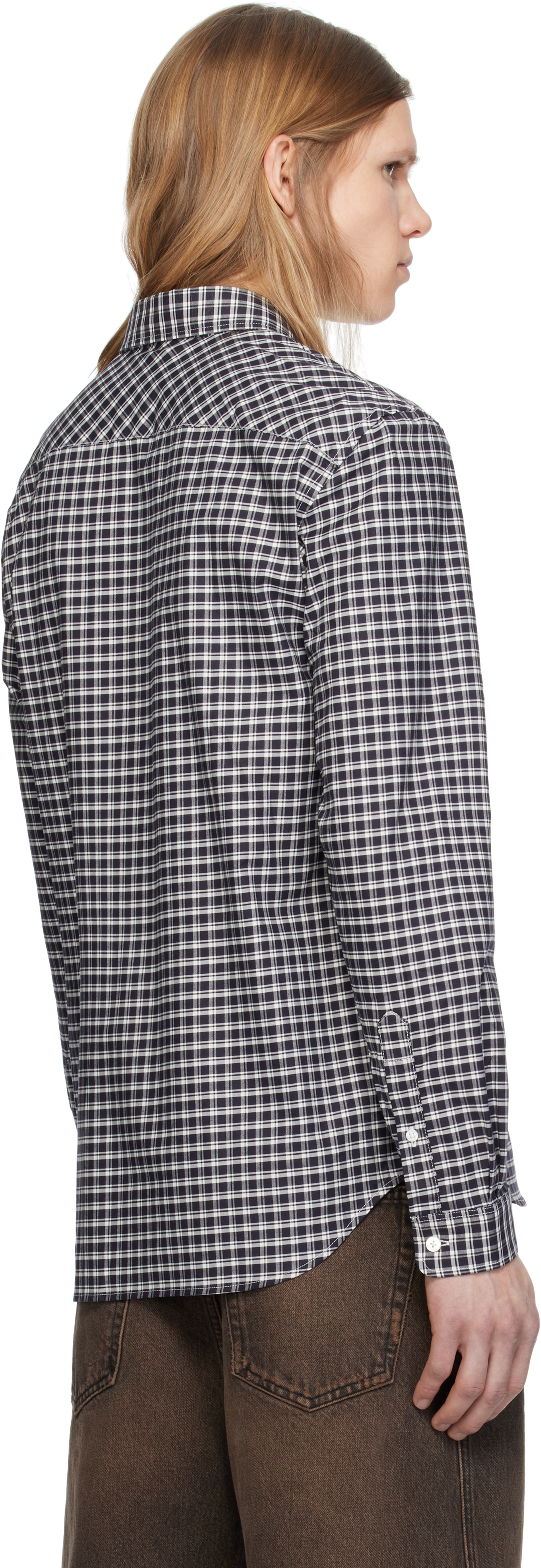 LACOSTE NAVY & WHITE REGULAR FIT STRETCH PLAID SHIRT