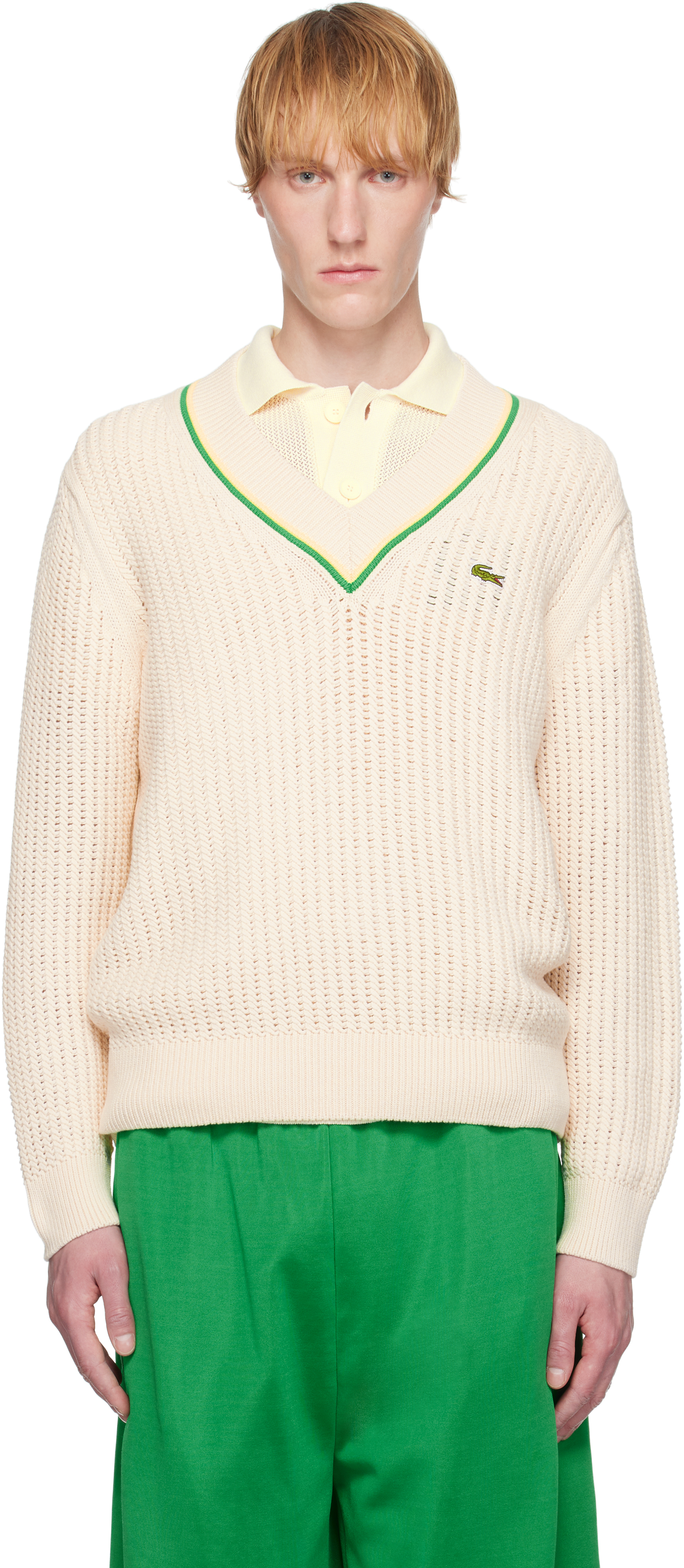 Lacoste Off-white V-neck Striped Tennis Jumper