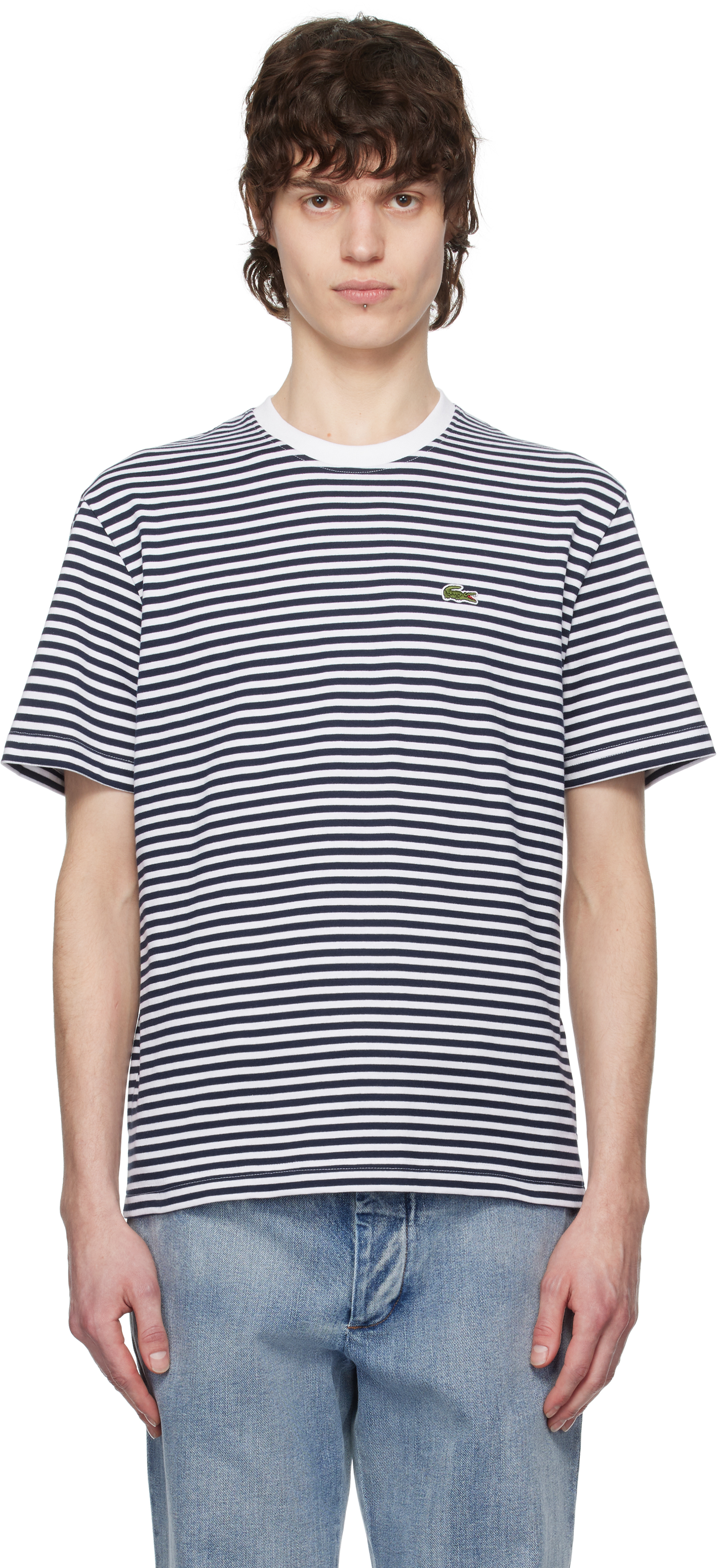 ♦ LACOSTE ♦ ネイビー・ホワイト ボーダーTシャツ Lacoste: ホワイト＆ネイビー ボーダー ヘビーコットン Tシャツ