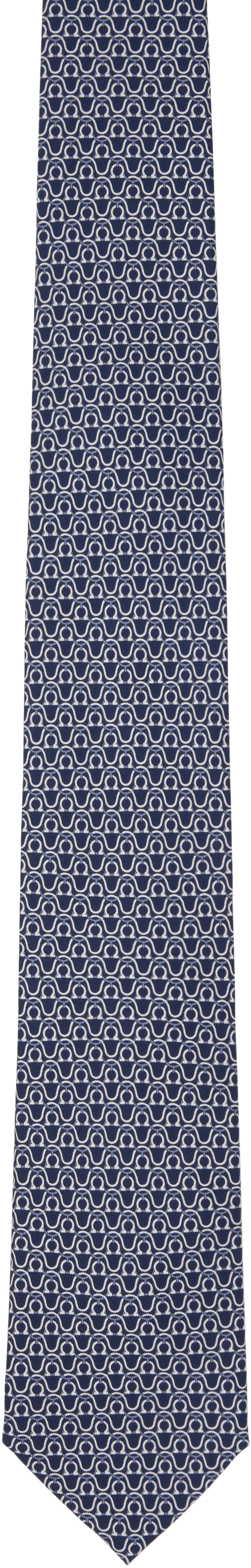 Navy Gancini Print Silk Tie