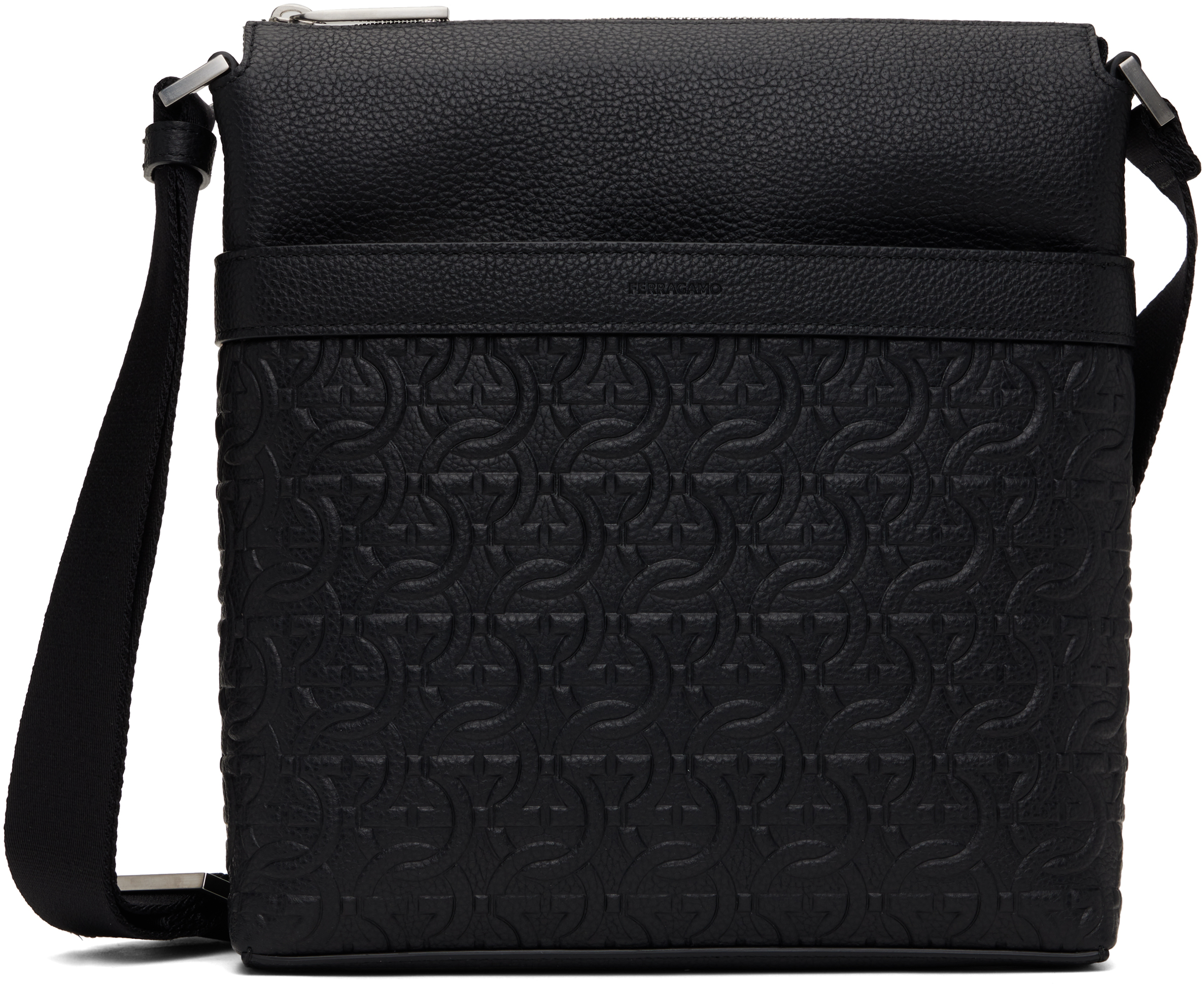 Black Embossed Gancini Crossbody Bag