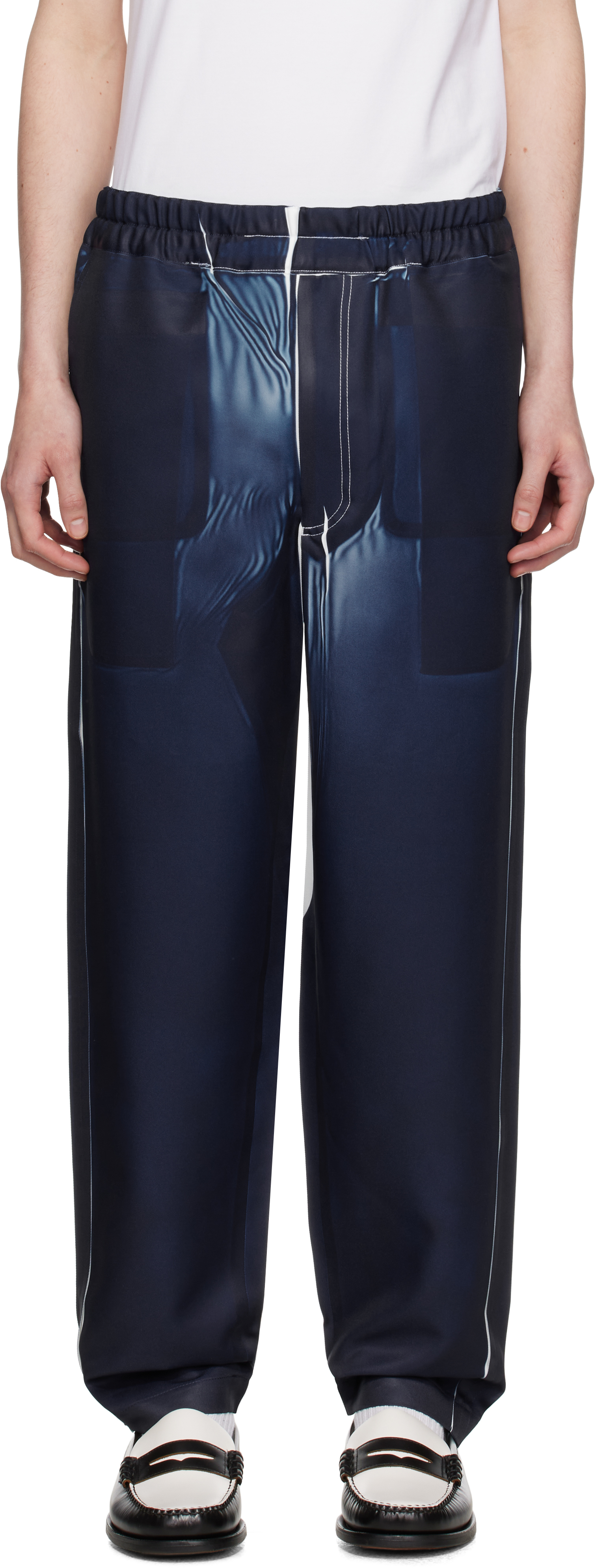 Navy Polyester Twill Garment Printed Trousers