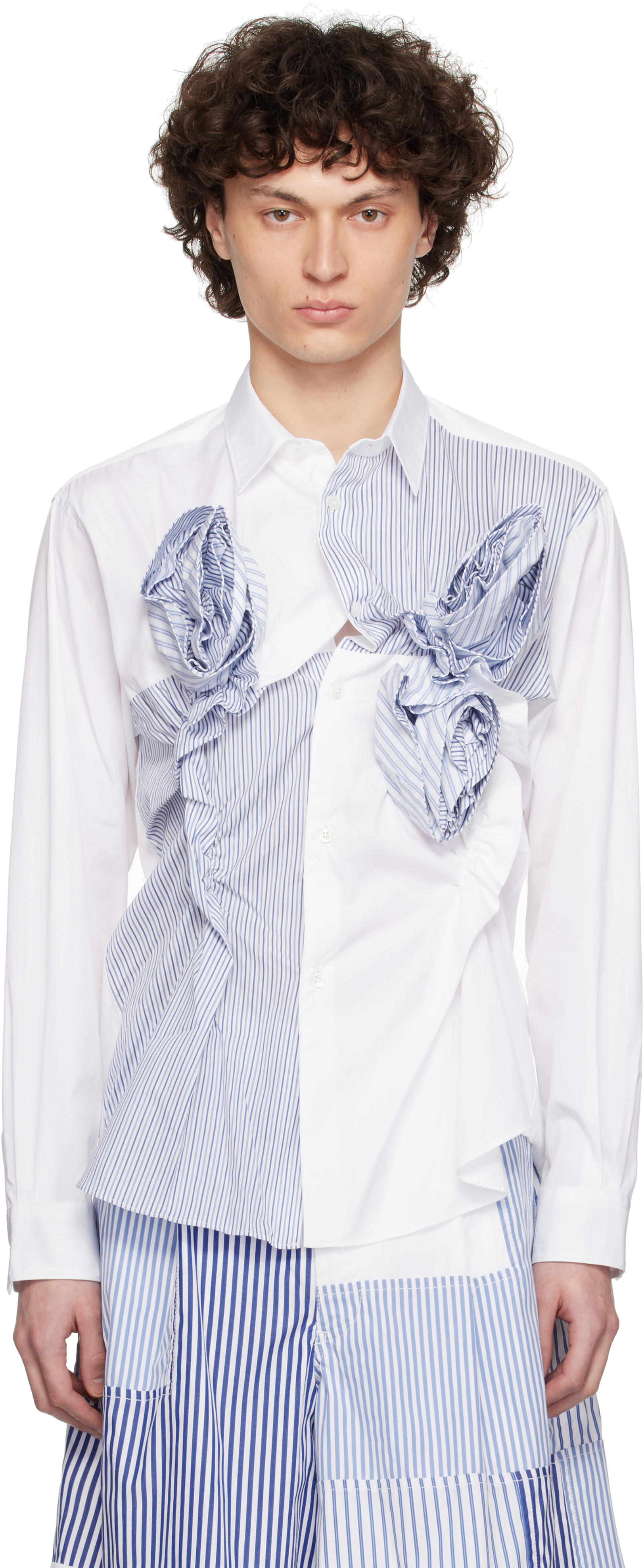 White & Navy Poplin & Stripe 3D Roses Shirt