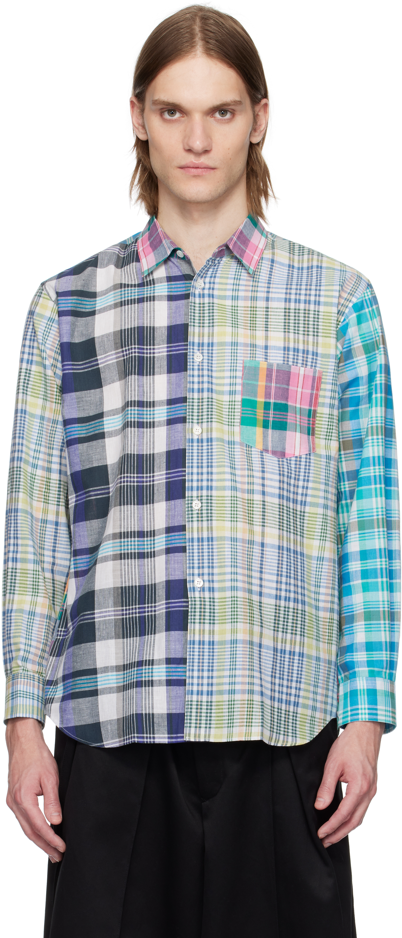 COMME des GARCONS SHIRT Ribbed Band Collar Check Shirt Blue