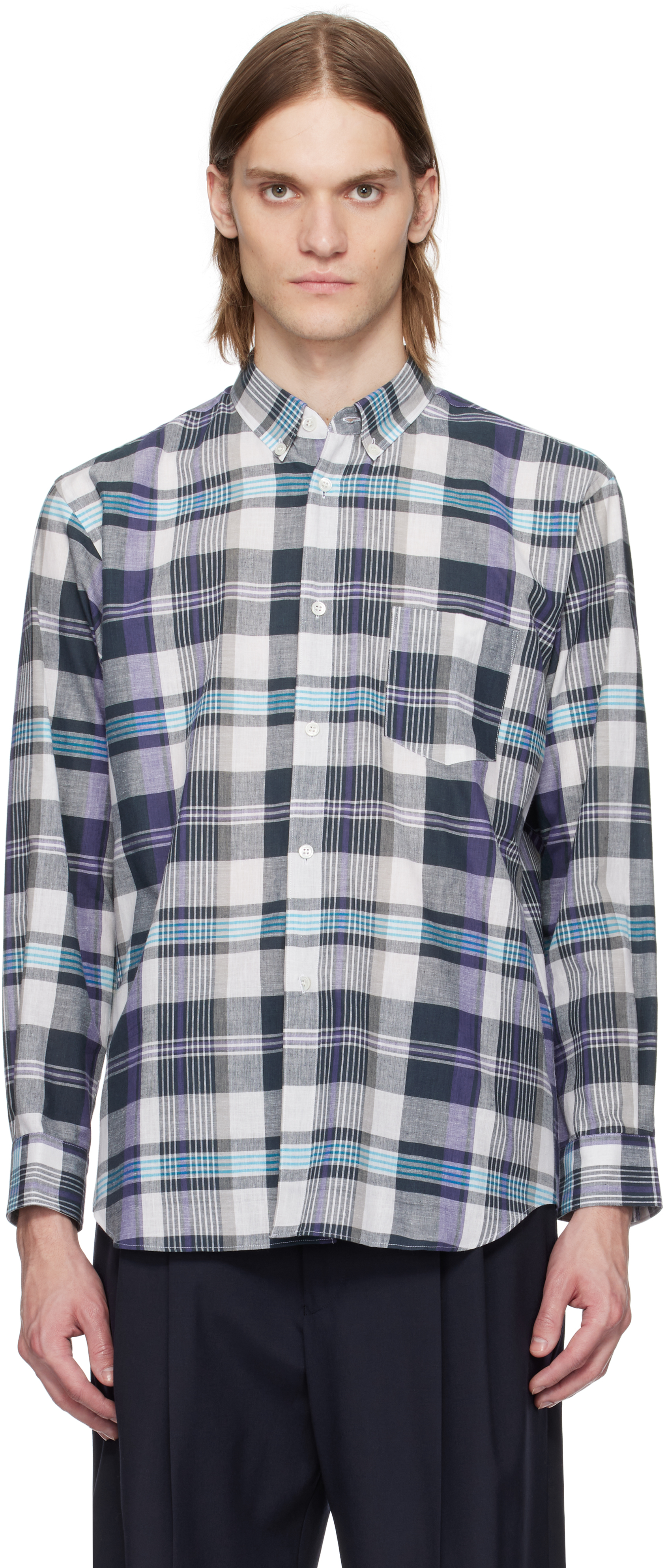 Comme des Garçons Shirt: Gray & Blue Yarn Dyed Cotton Check