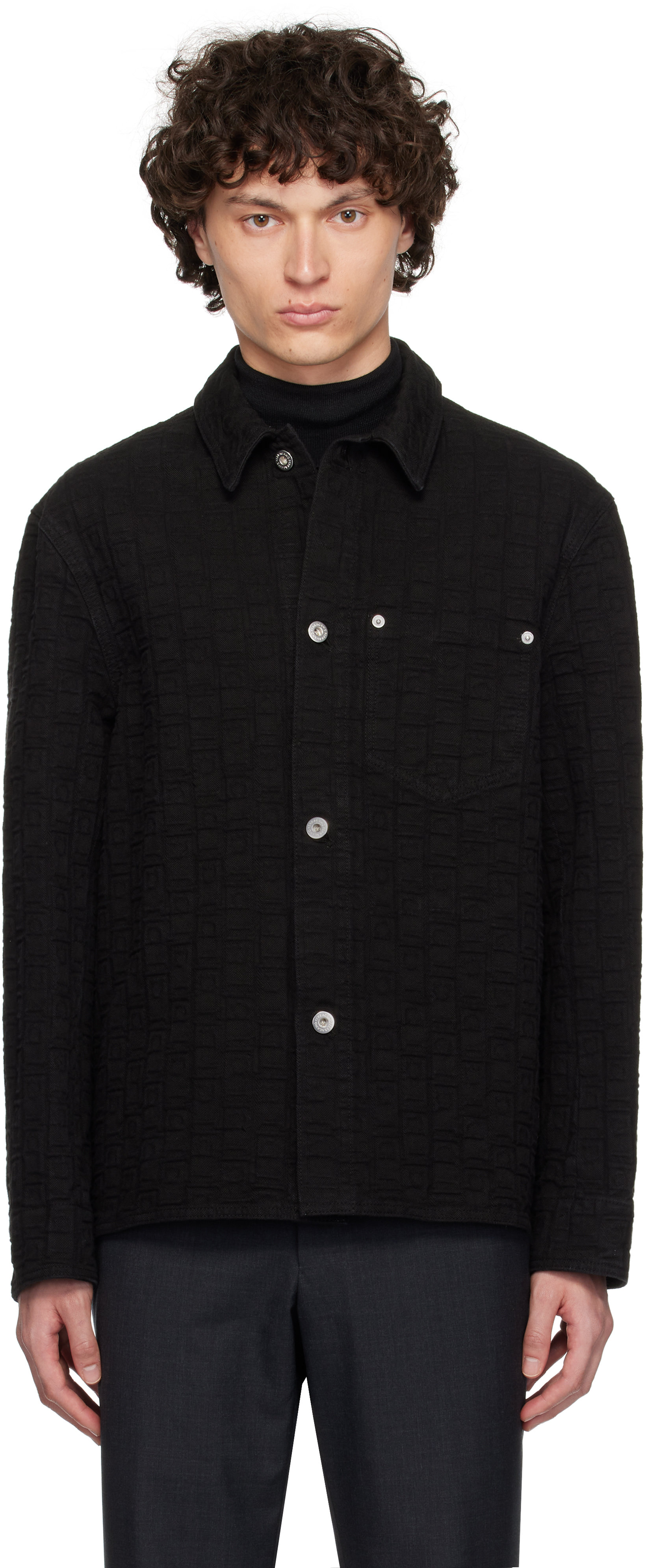 Ferragamo Denim Shirt With Chest Pocket And Textured Fabric In Black