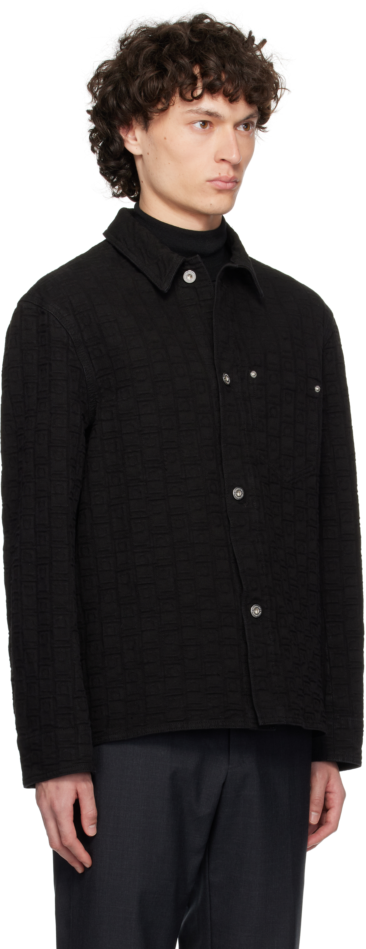 Ferragamo Denim Shirt With Chest Pocket And Textured Fabric In Black