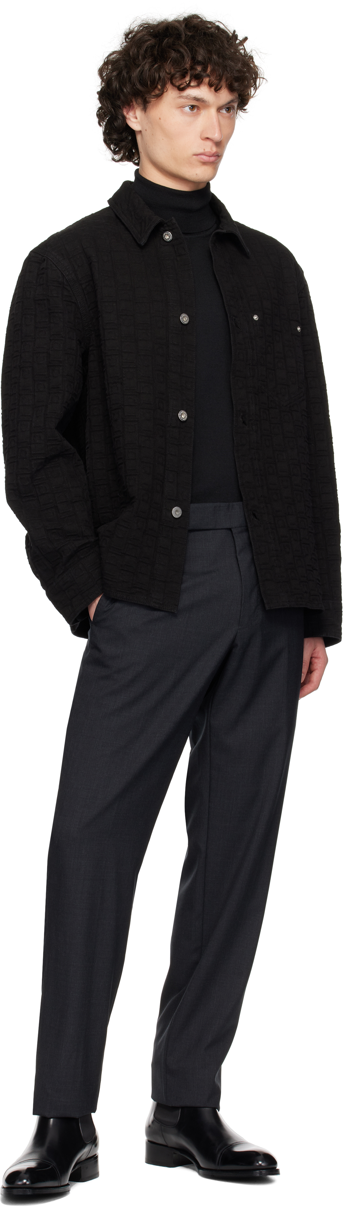 Ferragamo Denim Shirt With Chest Pocket And Textured Fabric In Black