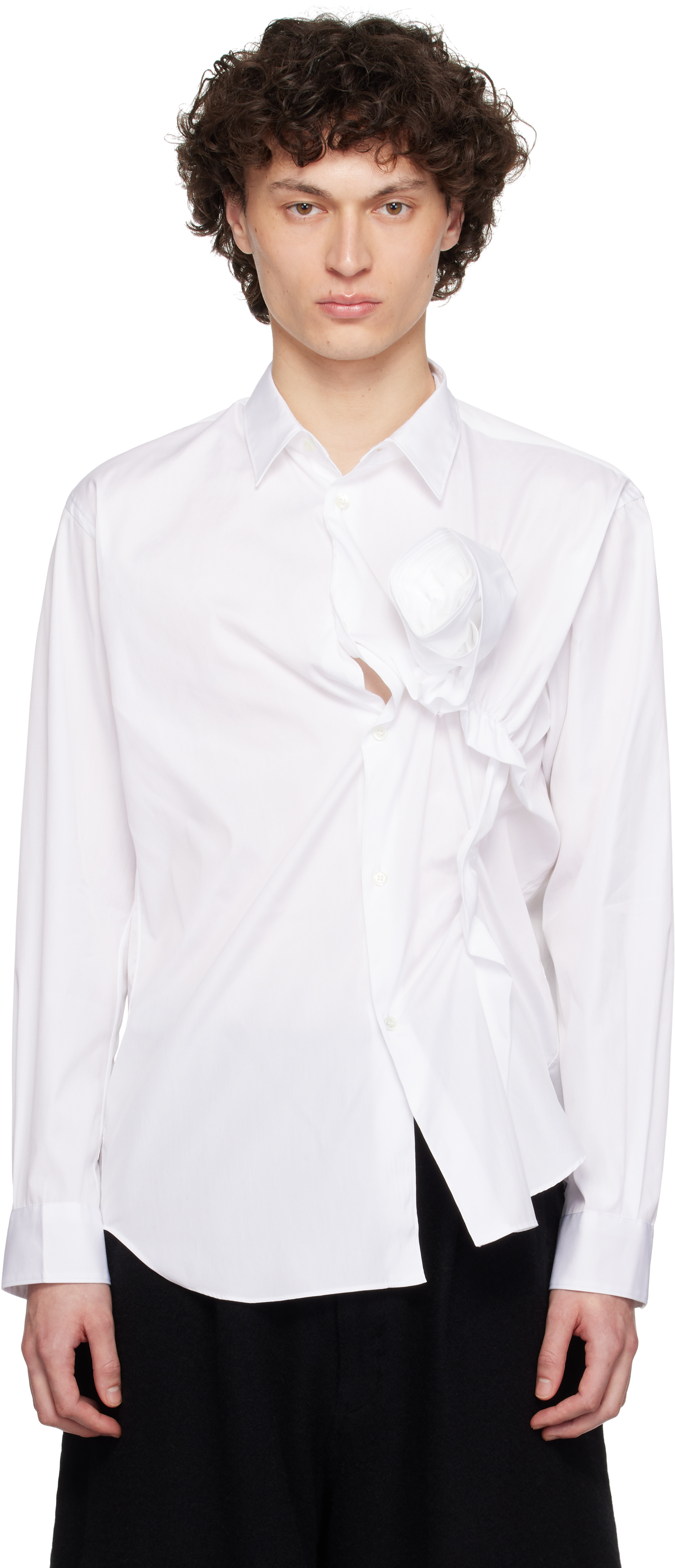 White Cotton Plain Poplin 3D Rose Shirt