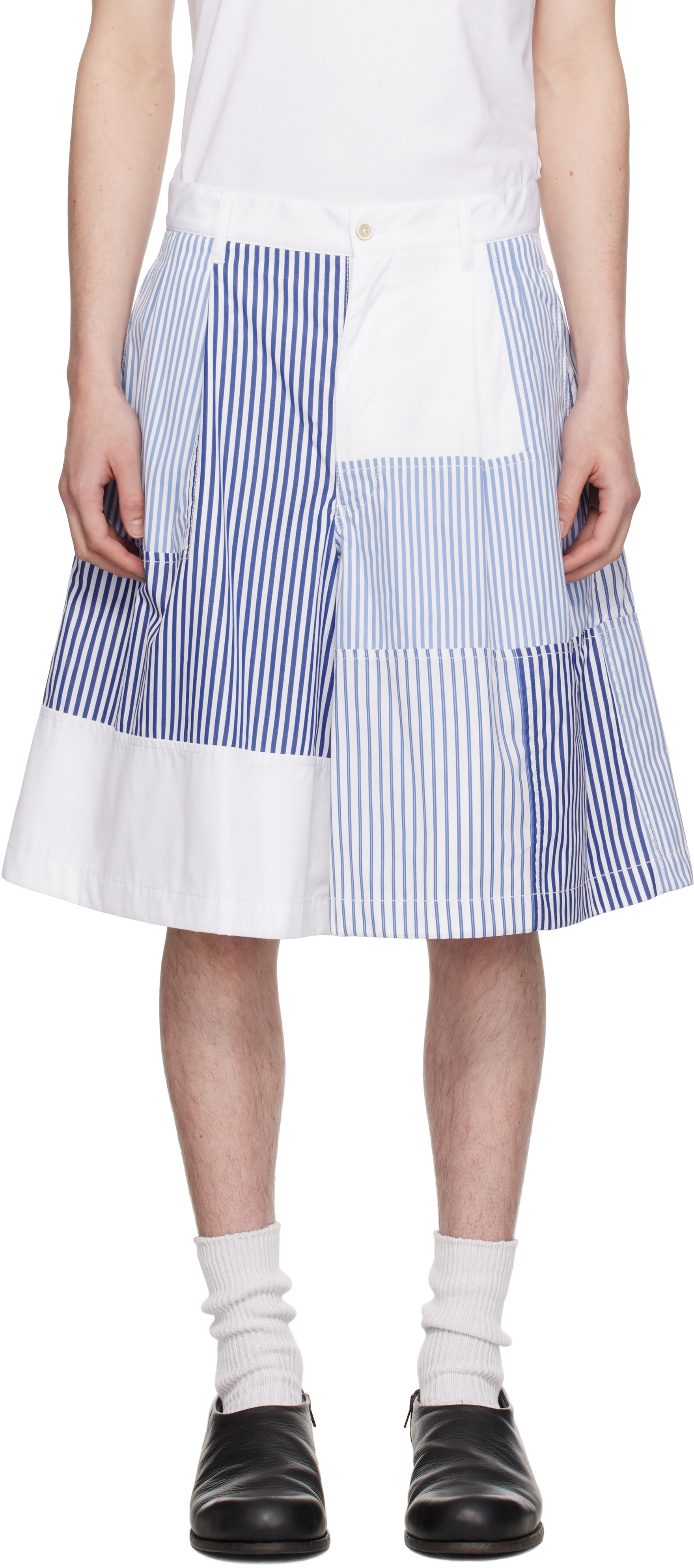 White & Navy Patchwork Striped Shorts
