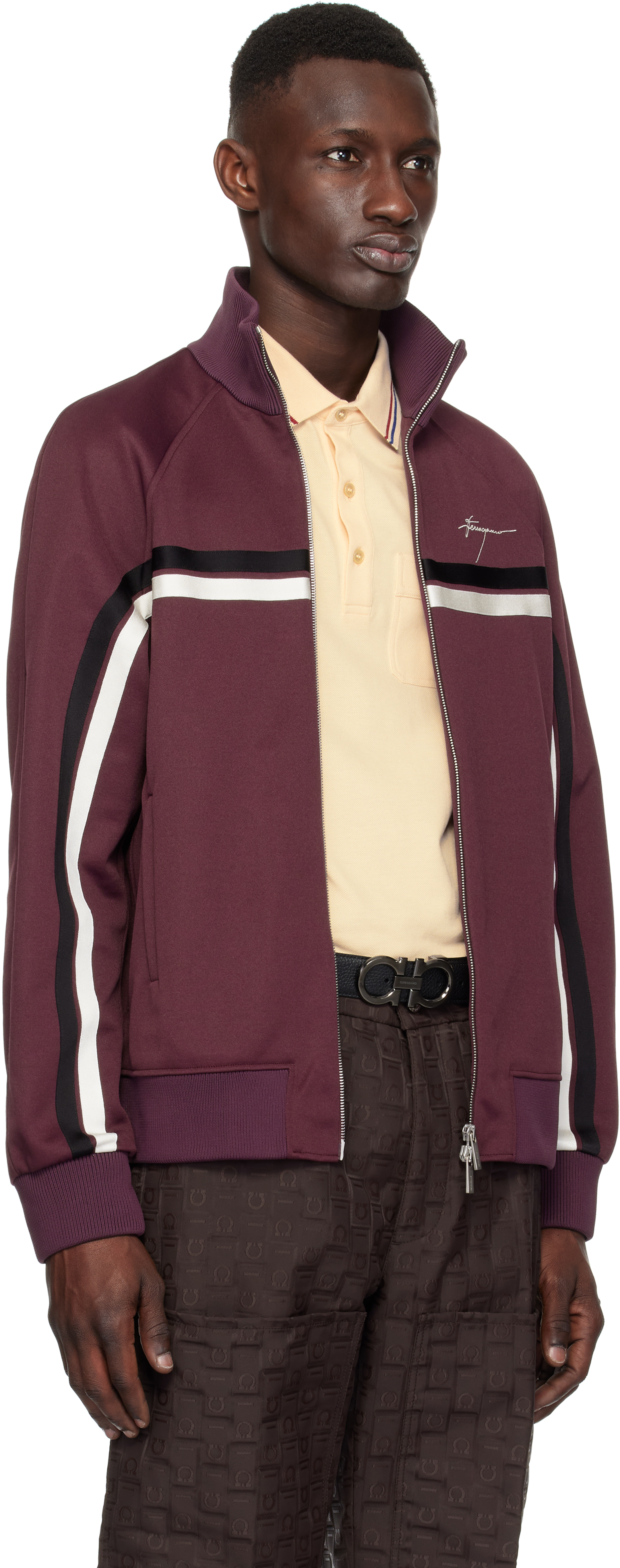 Ferragamo Track Jacket With Contrasting Stripe In Oxblood || Nero