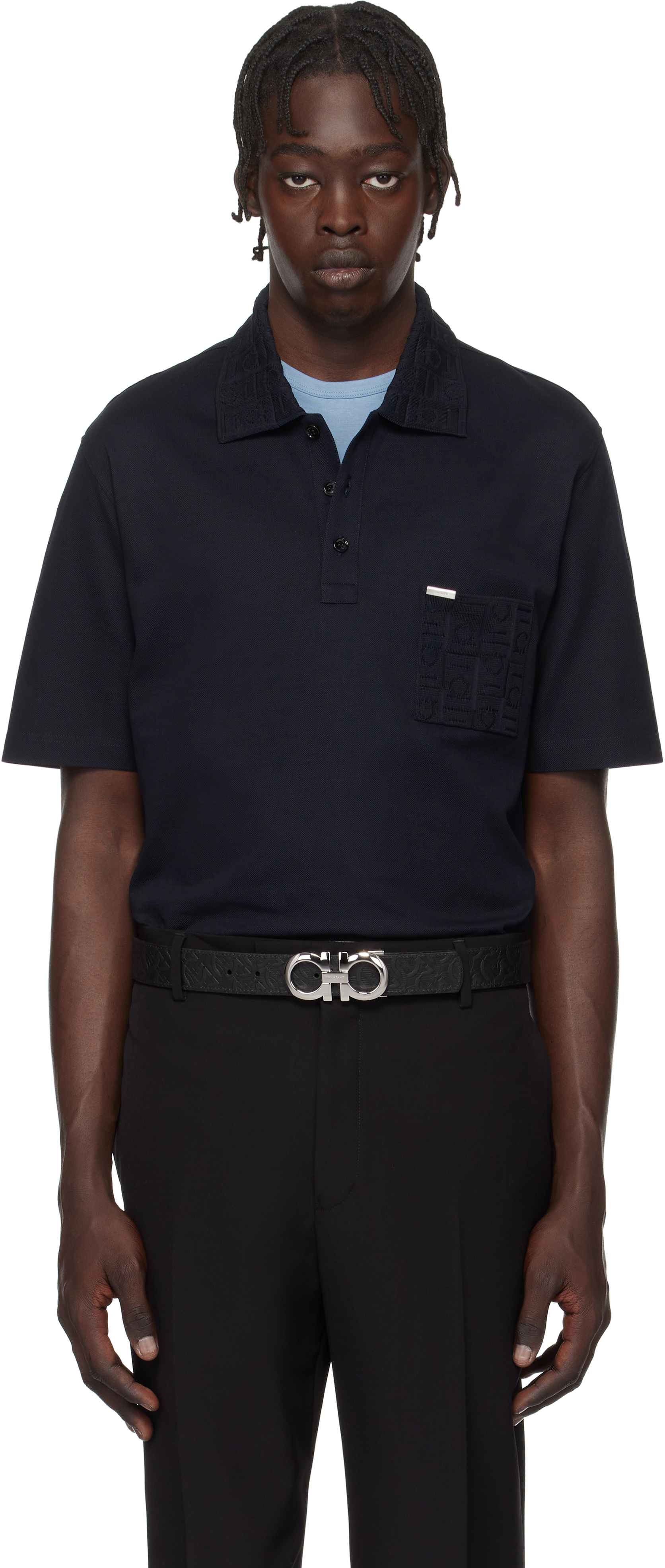 Navy Jacquard Pocket Polo