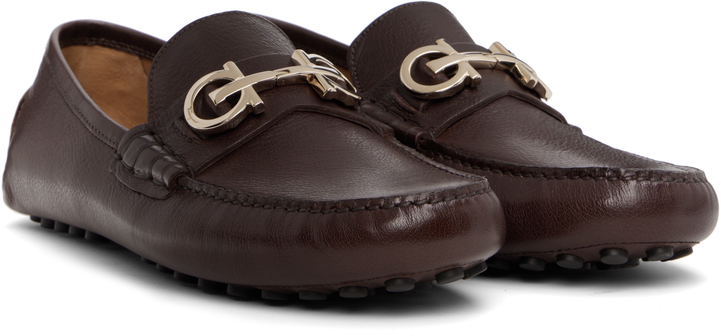 Ferragamo Brown Gancini Ornament Driver Loafers