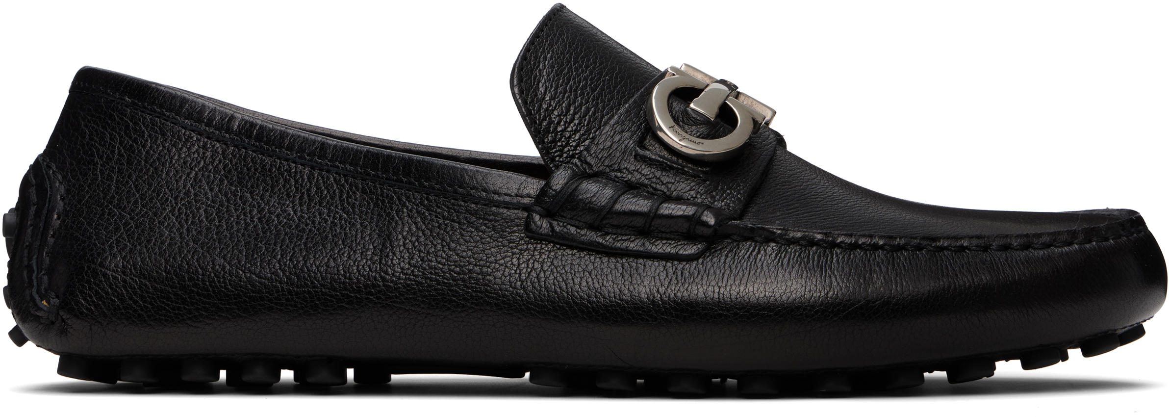 Ferragamo Black Gancini Ornament Driver Loafers
