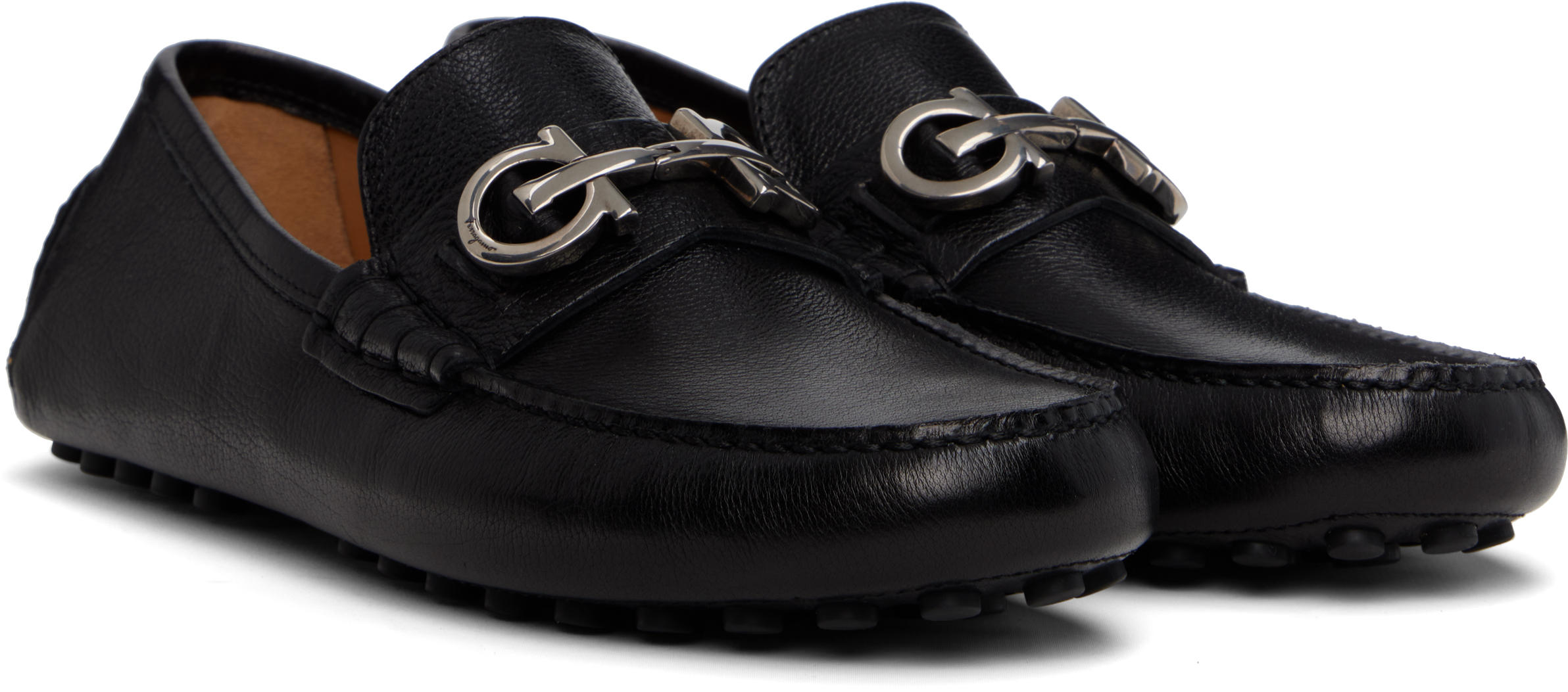 Ferragamo Black Gancini Ornament Driver Loafers