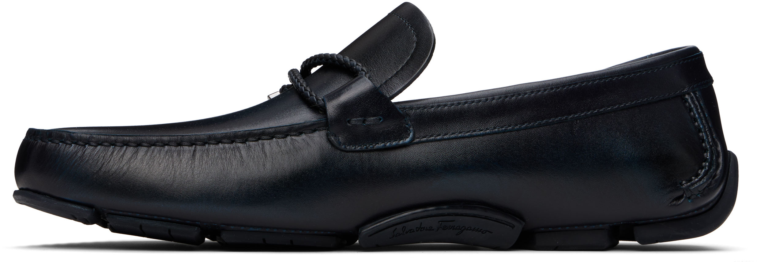 Ferragamo Navy Gancini Ornament Driver Loafers