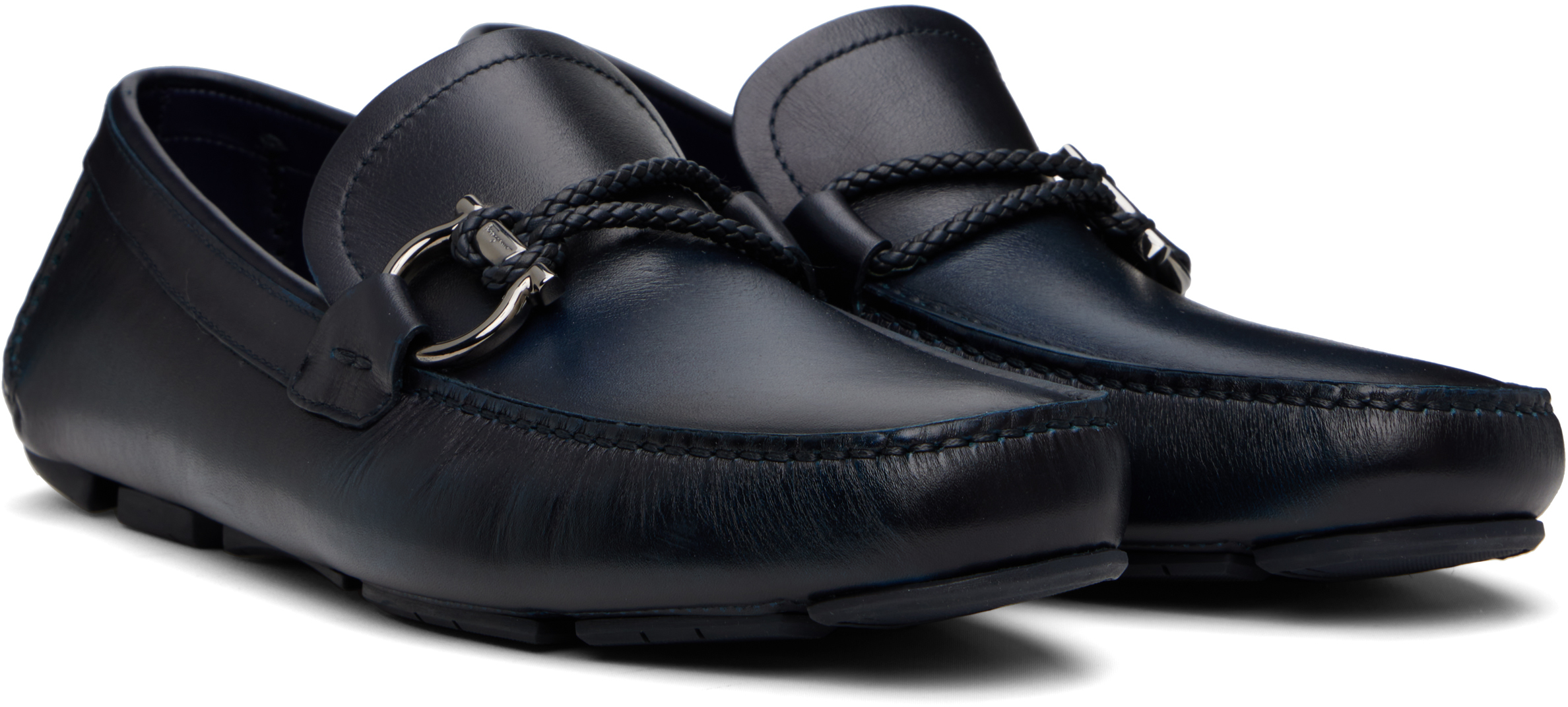 Ferragamo Navy Gancini Ornament Driver Loafers