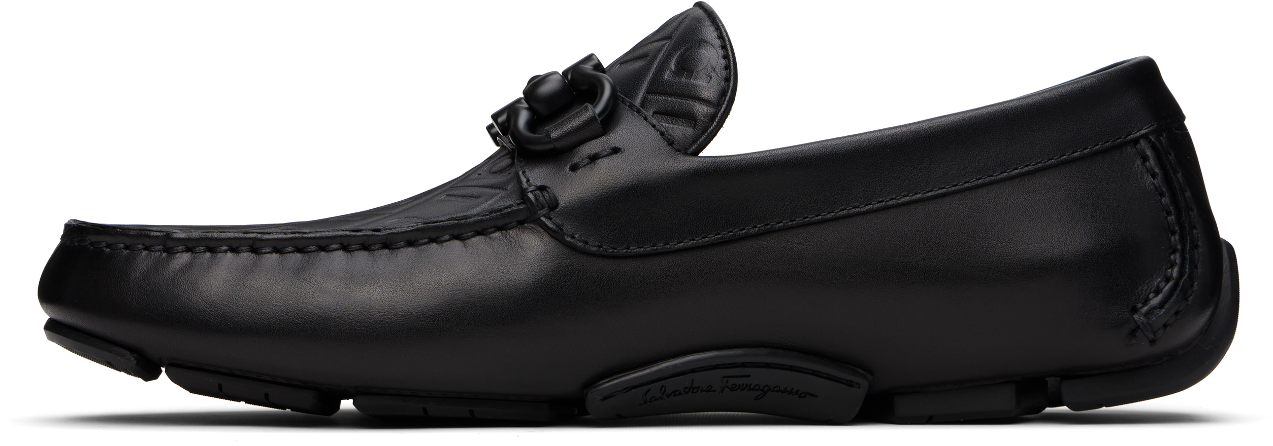 Ferragamo Black Gancini Ornament Driver Loafers