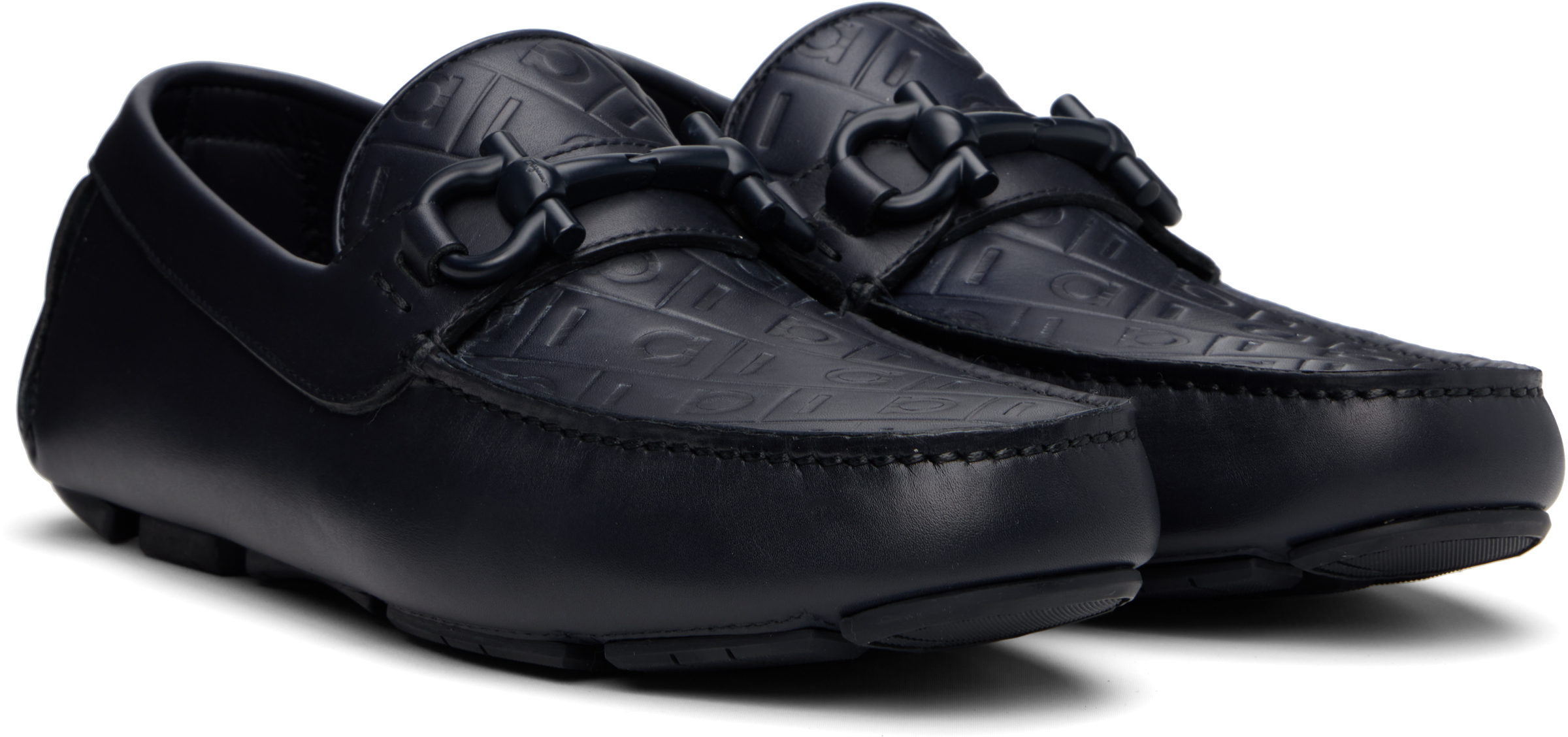 Ferragamo Navy Gancini Ornament Driver Loafers