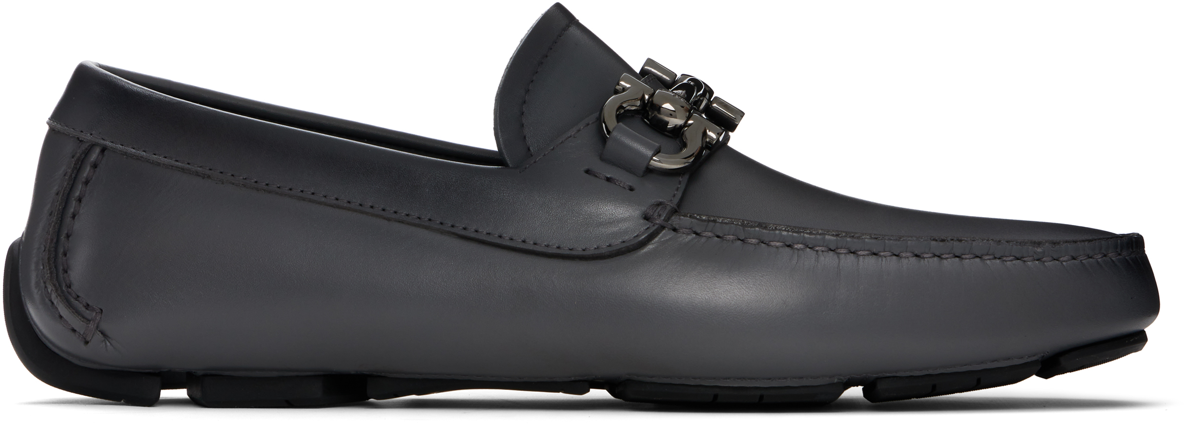 Ferragamo Gray Gancini Ornament Driver Loafers