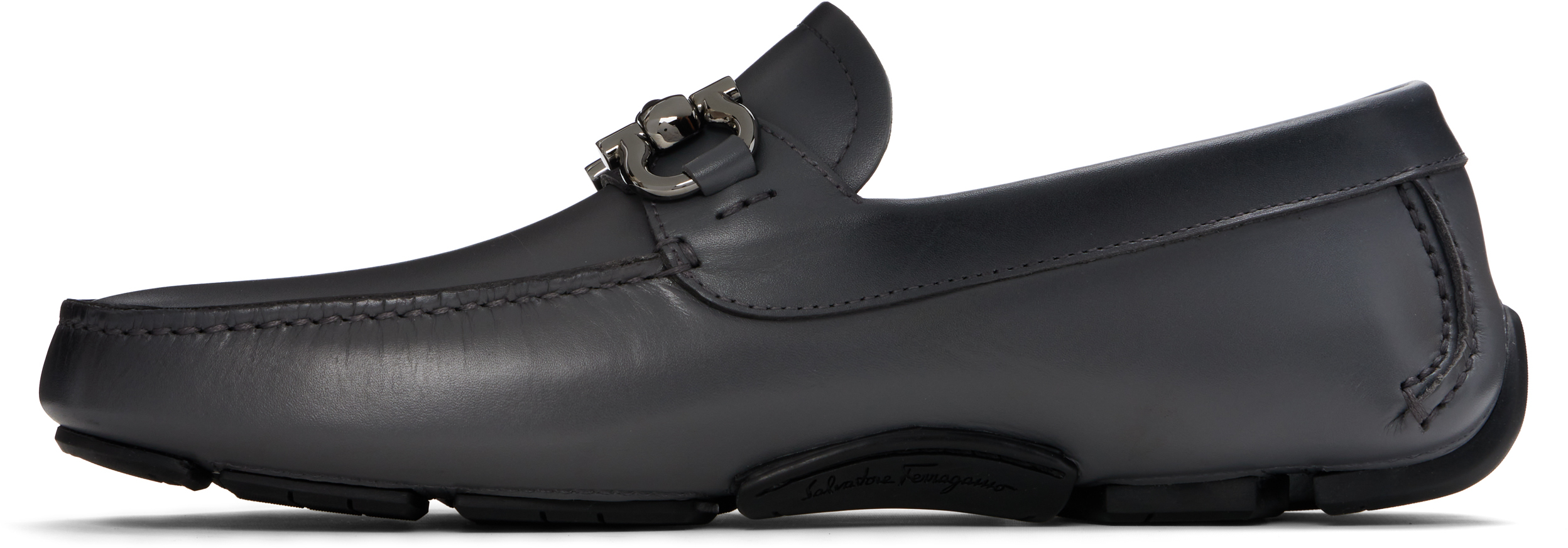 Ferragamo Gray Gancini Ornament Driver Loafers