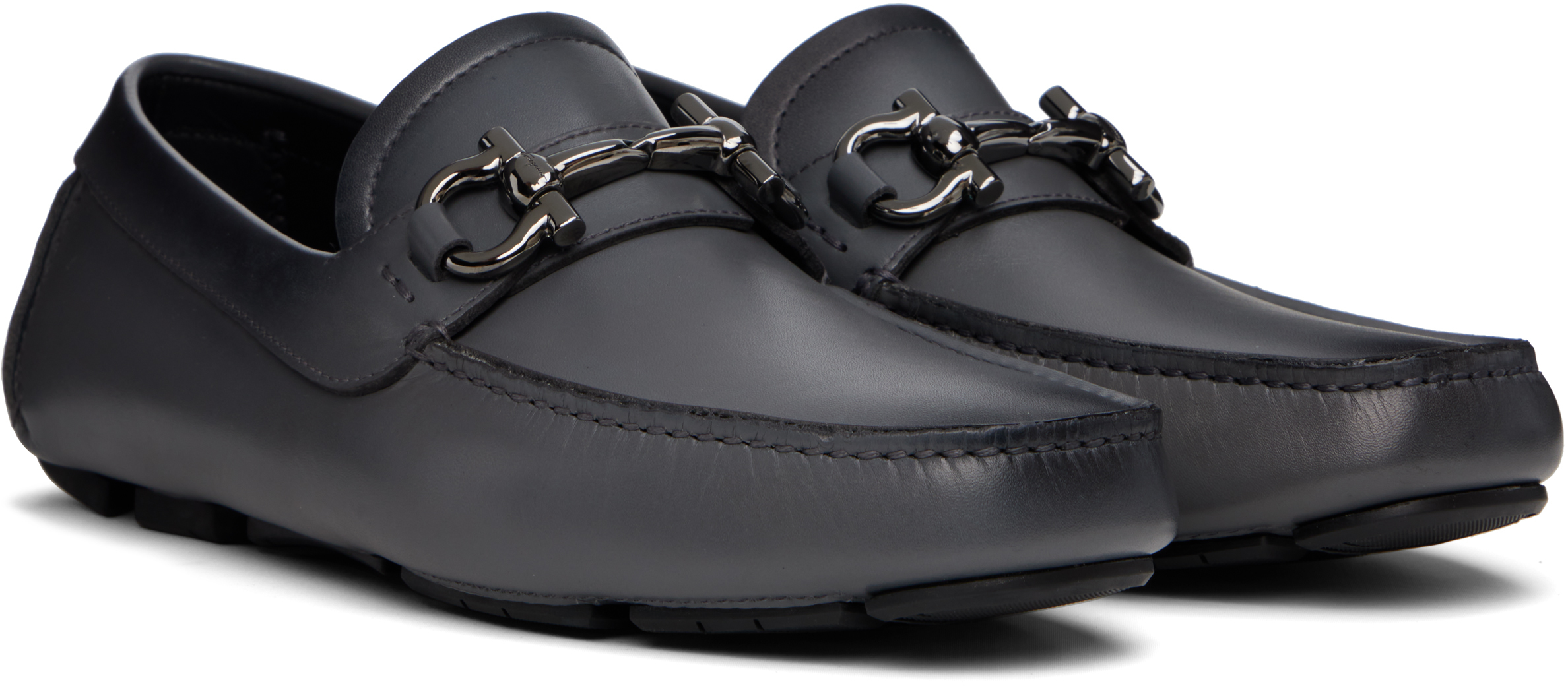 Ferragamo Gray Gancini Ornament Driver Loafers