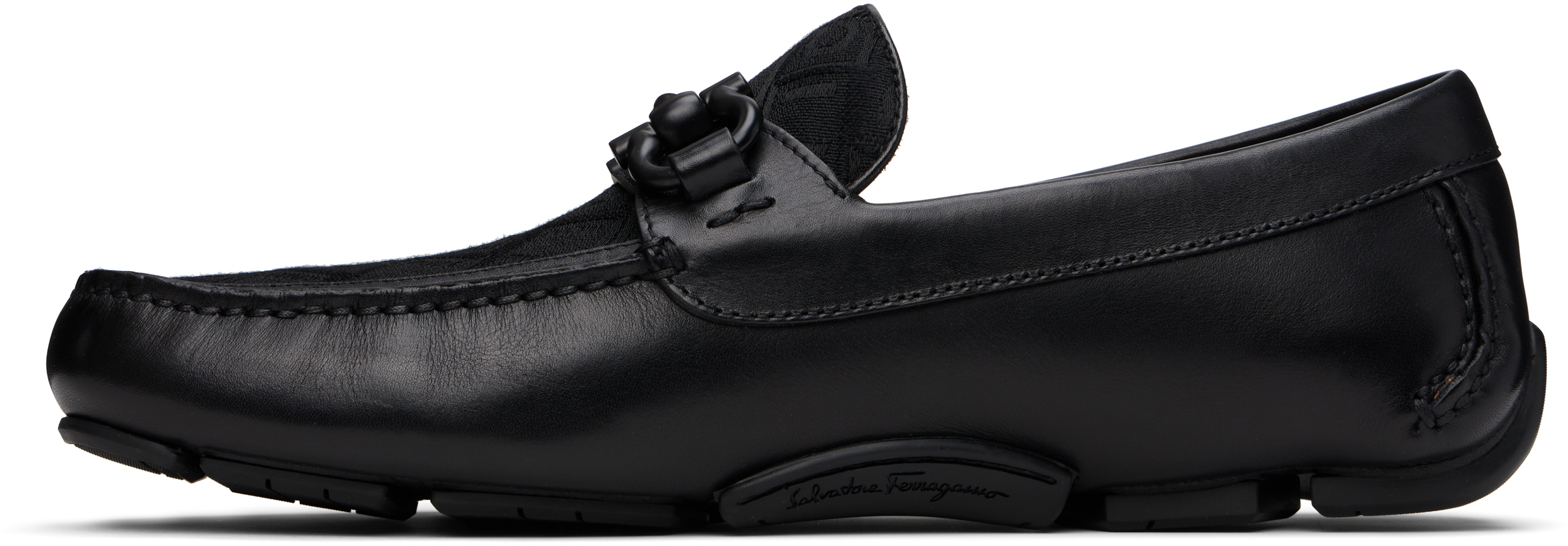 Ferragamo Black Gancini Ornament Driver Loafers